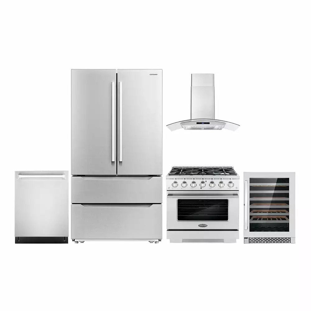 Cosmo 5 Piece Kitchen Appliance Package with 36 Freestanding Gas Range 36 Wall Mount Range Hood 24 Built-in Fully Integrated Dishwasher French Door Refrigerator & 48 Bottle Wine Refrigerator