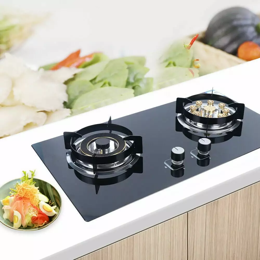 TOOL1SHOoo Gas Cooktop Stove Top 2 Burners Tempered Glass Built-In LPG/NG Gas Stove Kitchen