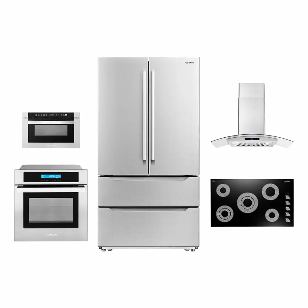 Cosmo 5 Piece Kitchen Appliance Package With 36 Electric Cooktop 36 Wall Mount Range Hood 30 Single Electric Wall Oven 30 Over-the-range Microwave & French Door Refrigerator