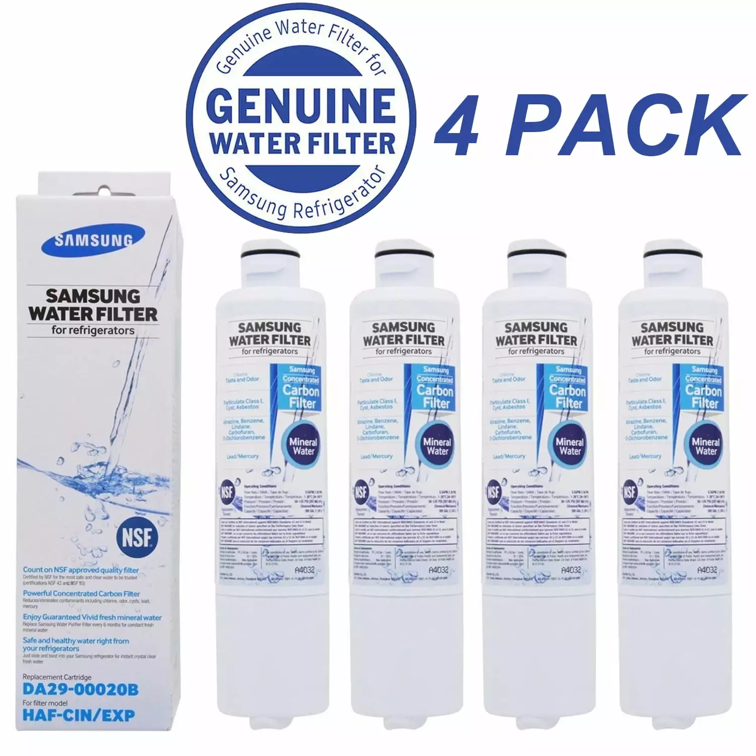 DA29-00020B NSF 53&42 Certified Refrigerator Water Filter. Replacement for Samsung DA29-00020B. HAF-CIN/EXP Pack of 4