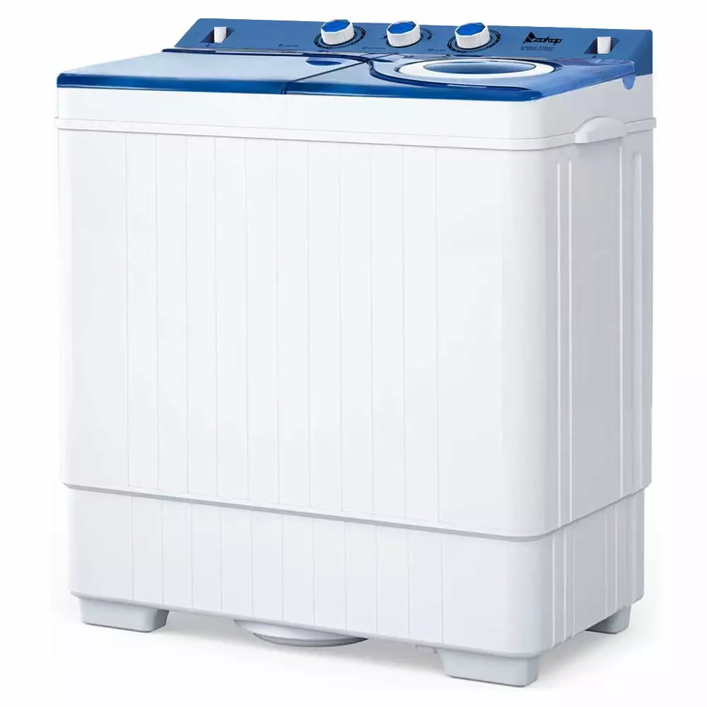 BMTBUY Twin Tub with Built-in Drain Pump XPB65-2288S 26Lbs Semi-automatic Twin Tube Washing Machine for Apartment. Dorms. RVs. Camping and More. White&Blue