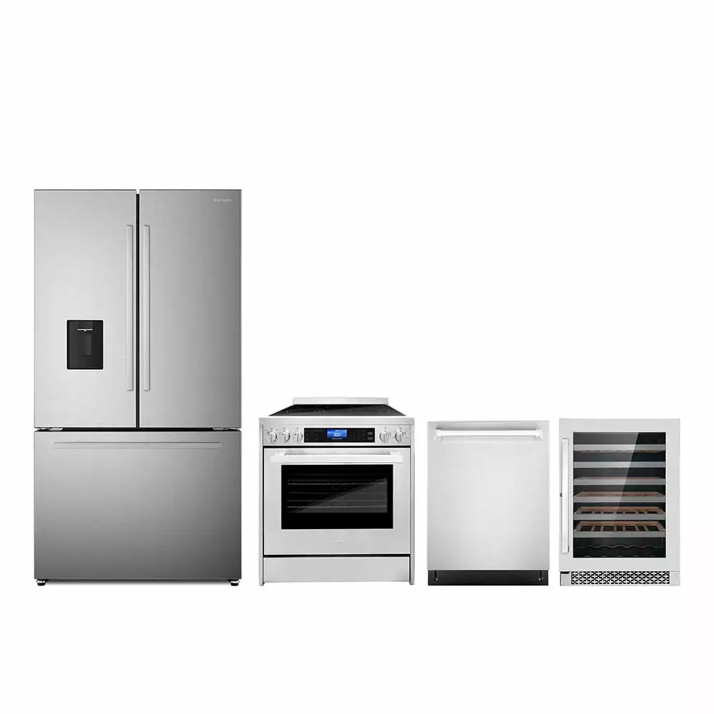 4 Piece Kitchen Package with 30 Freestanding Electric Range 24 Built-in Fully Integrated Dishwasher French Door Refrigerator & 48 Bottle Freestanding Wine Refrigerator