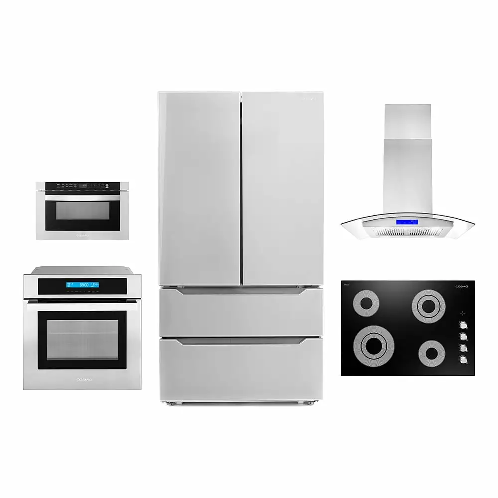 Cosmo 5 Piece Kitchen Appliance Package With 30 Electric Cooktop 36 Island Range Hoood 30 Single Electric Wall Oven 30 Over-the-range Microwave & French Door Refrigerator