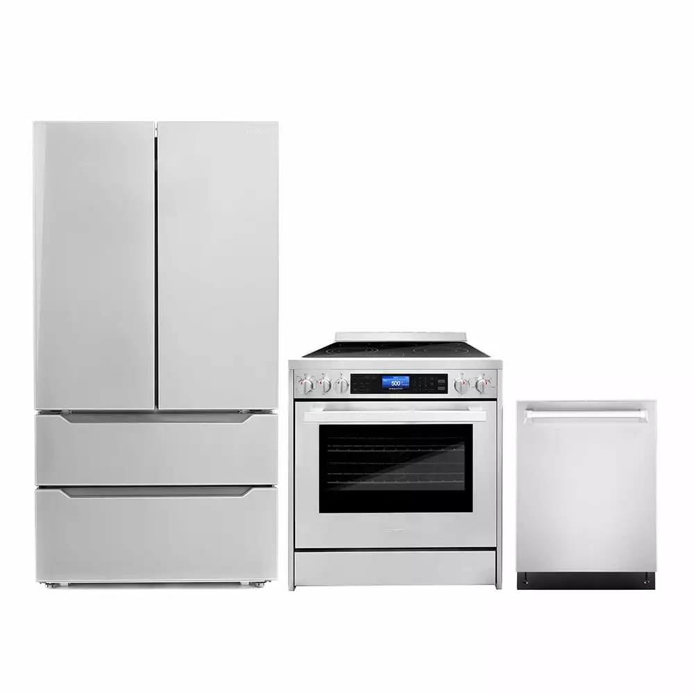 Cosmo 3 Piece Kitchen Appliance Packages with 30 Freestanding Electric Range Kitchen Stove 24 Built-in Fully Integrated Dishwasher & French Door Refrigerator Kitchen Appliance Bundles