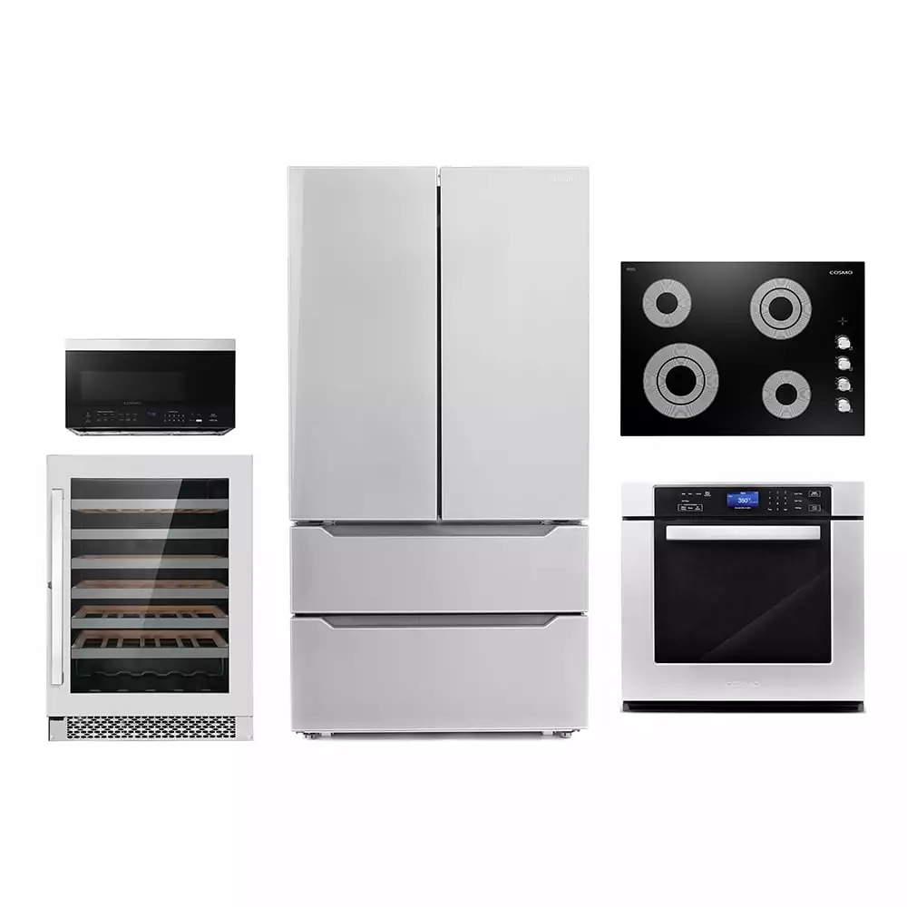 Cosmo 5 Piece Kitchen Appliance Package With 30 Electric Cooktop 36 Island Range Hoood 30 Single Electric Wall Oven 30 Over-the-range Microwave & French Door Refrigerator