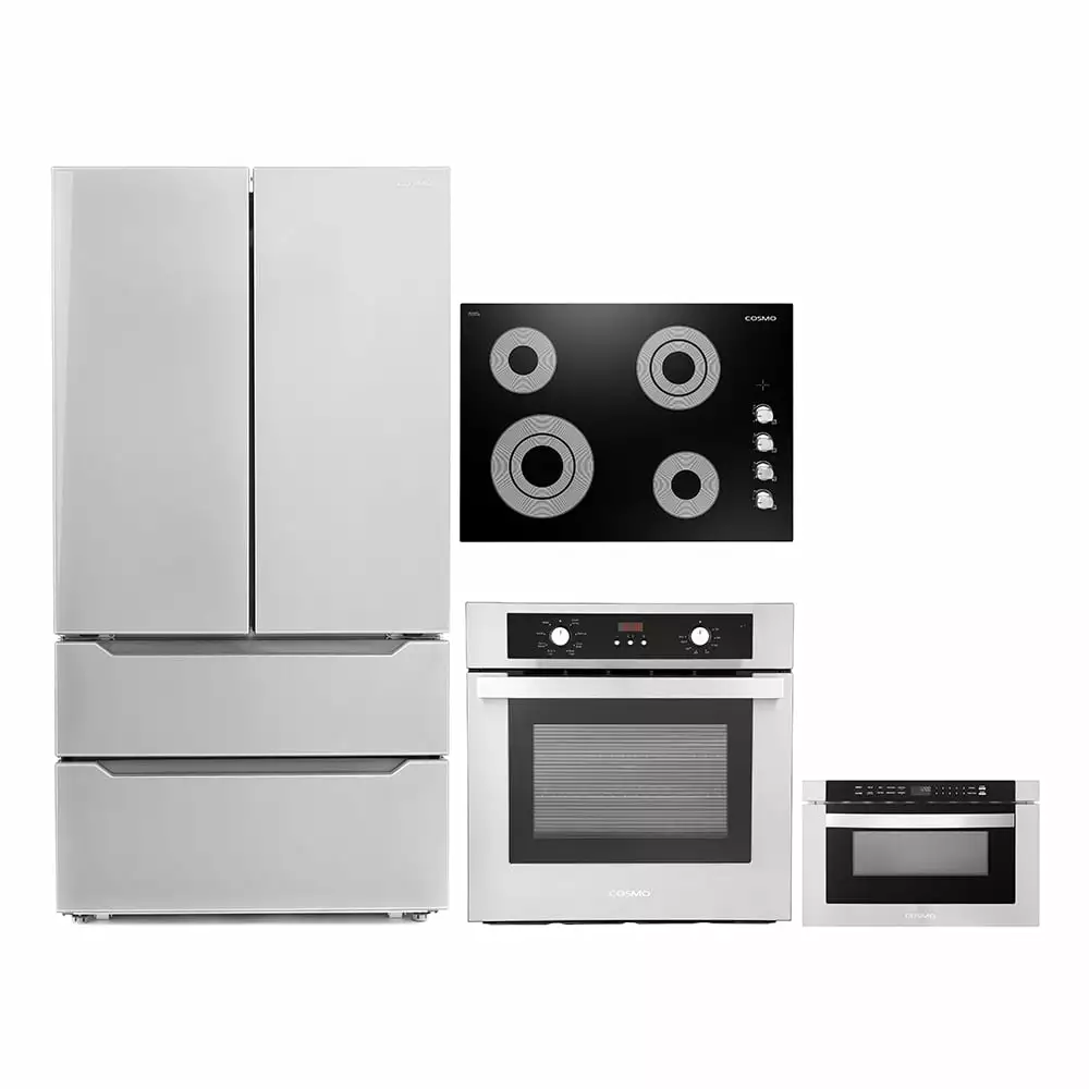 Cosmo 4 Piece Kitchen Appliance Package 30 Electric Cooktop 24 Single Electric Wall Oven 24 Built-In Microwave Drawer & French Door Refrigerator Kitchen Appliance Bundles