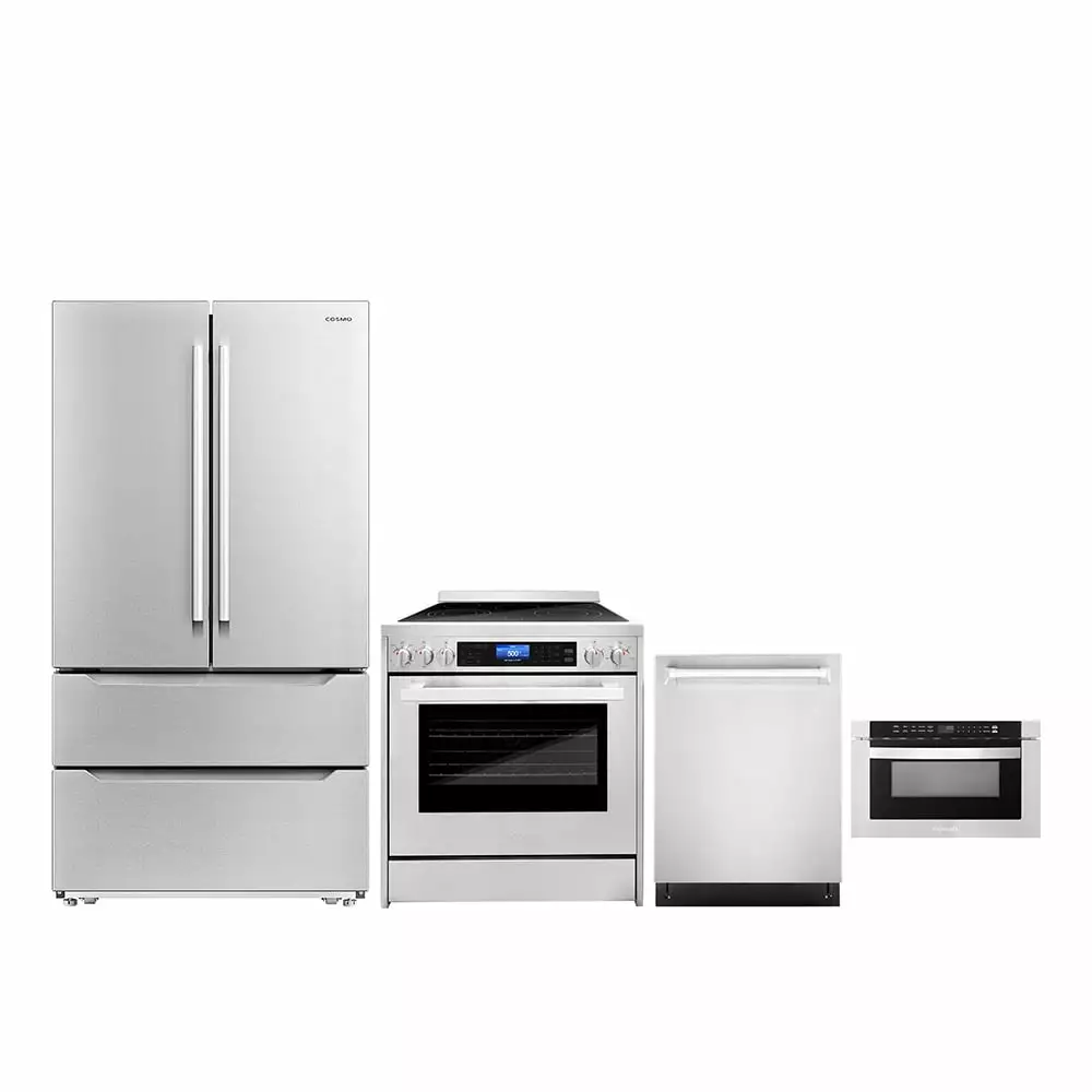 Cosmo 4 Piece Kitchen Appliance Package with 24 Built-In Microwave Drawer 30 Freestanding Electric Range 24 48 Bottle Single Zone Wine Cooler & French Door Refrigerator Kitchen Appliance Bundles