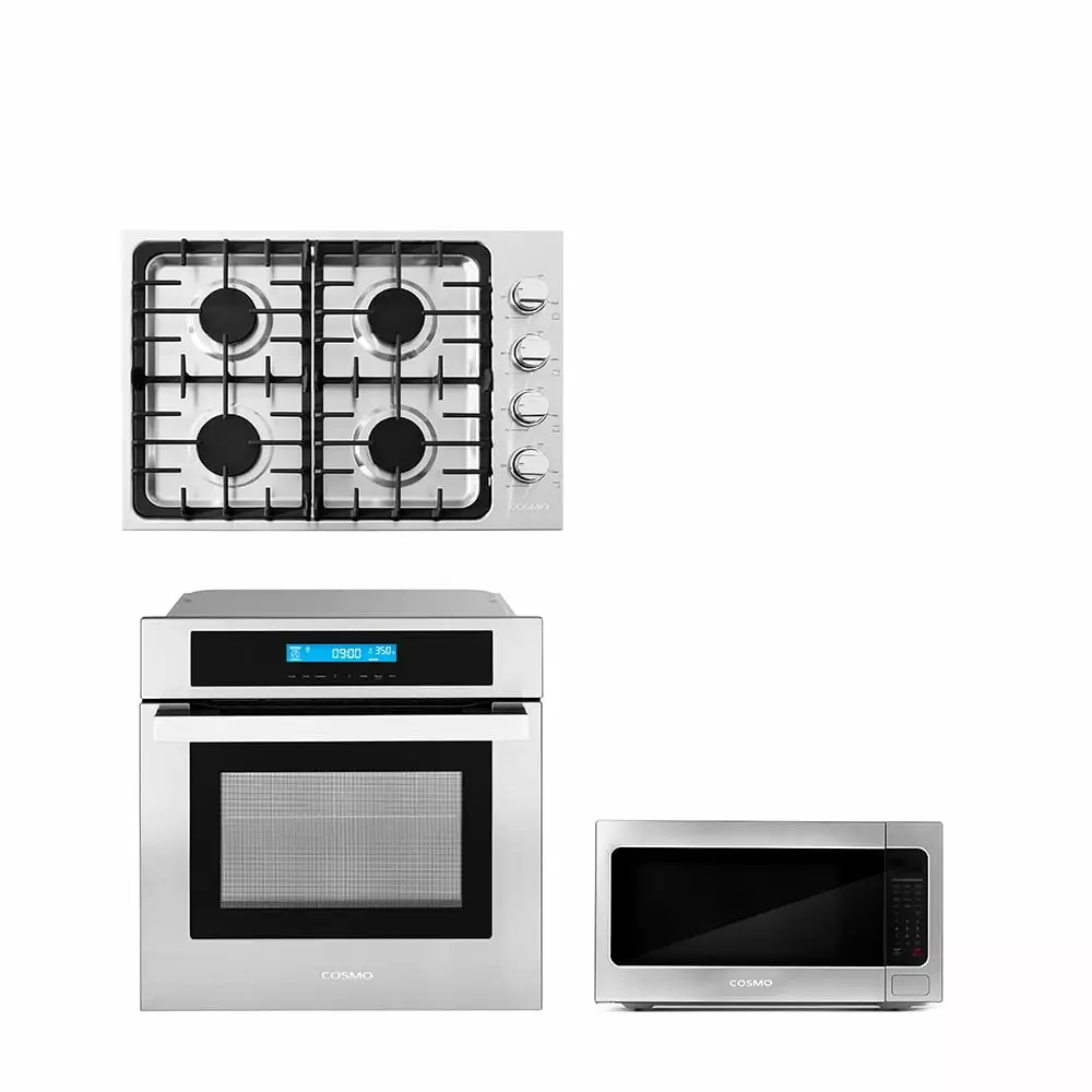 Cosmo 3 Piece Kitchen Package With 30 Gas Cooktop 24.4 Built-in Countertop Microwave 24 Single Electric Wall Oven