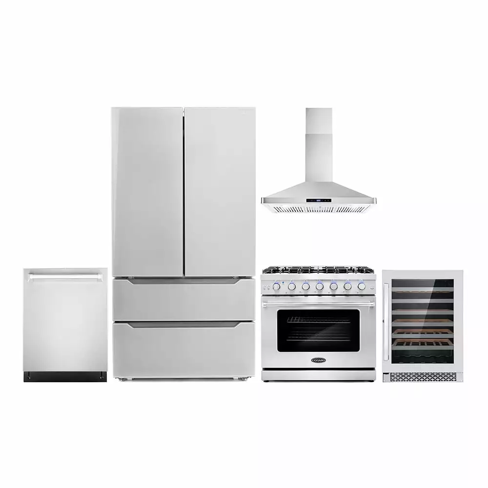 Cosmo 5 Piece Kitchen Appliance Packages with 36 Freestanding Gas Range 36 Wall Mount 24 Built-in Fully Integrated Dishwasher French Door Refrigerator & 48 Bottle Wine Refrigerator