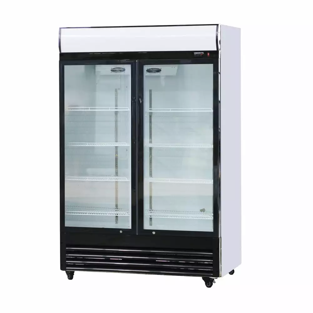 51 Glass Door Refrigerator with LED Lighting.8 Height Adjustable Shelves.35kg Per Shelf.33-40 F.Beverage Cooler with 2 Swing Doors.Upright Beverage Freezer with 4 Wheels.Capacity 31 Cu.Ft/880 Liter