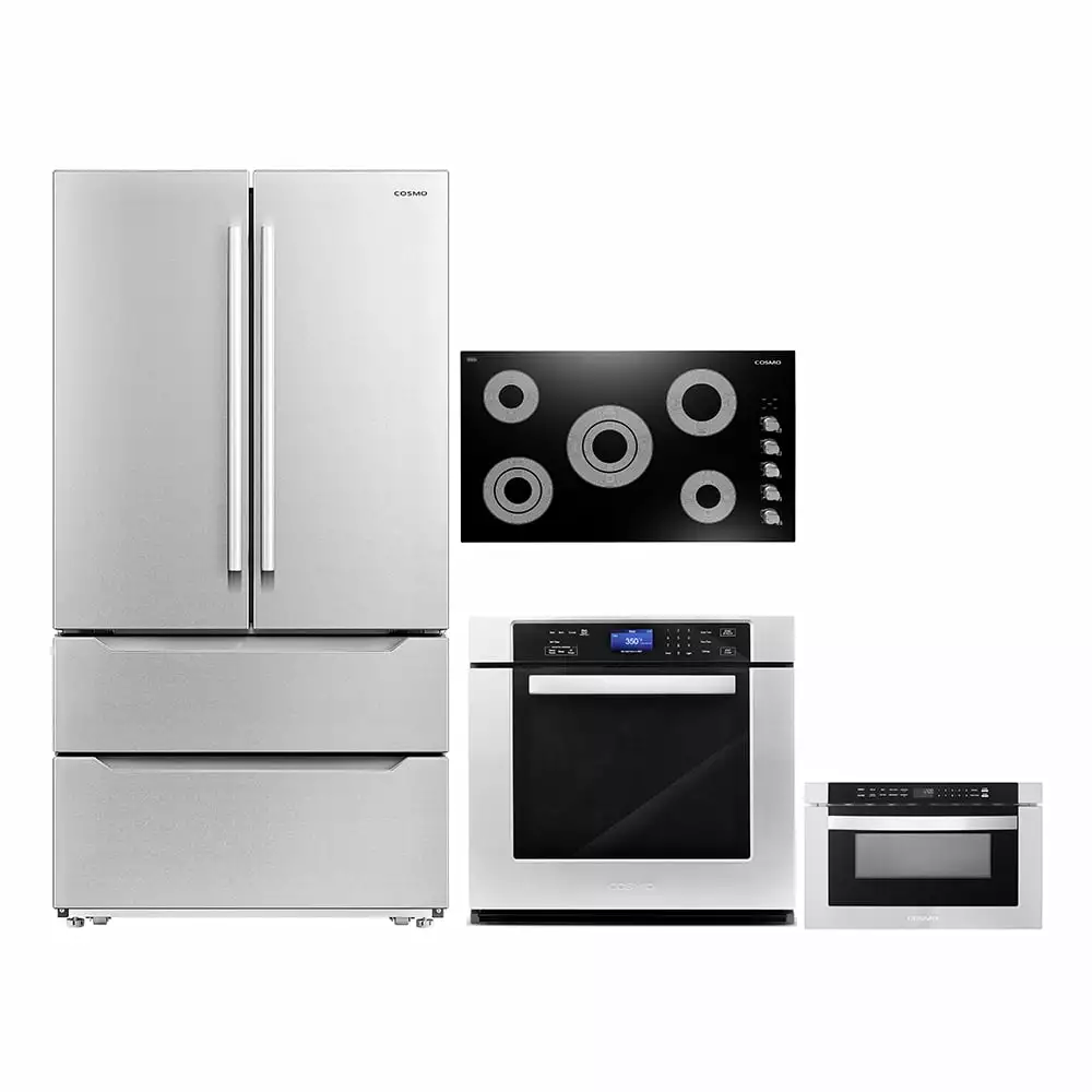 Cosmo 4 Piece Kitchen Appliance Package 36 Electric Cooktop 30 Single Electric Wall Oven 24 Built-In Microwave Drawer & French Door Refrigerator Kitchen Appliance Bundles