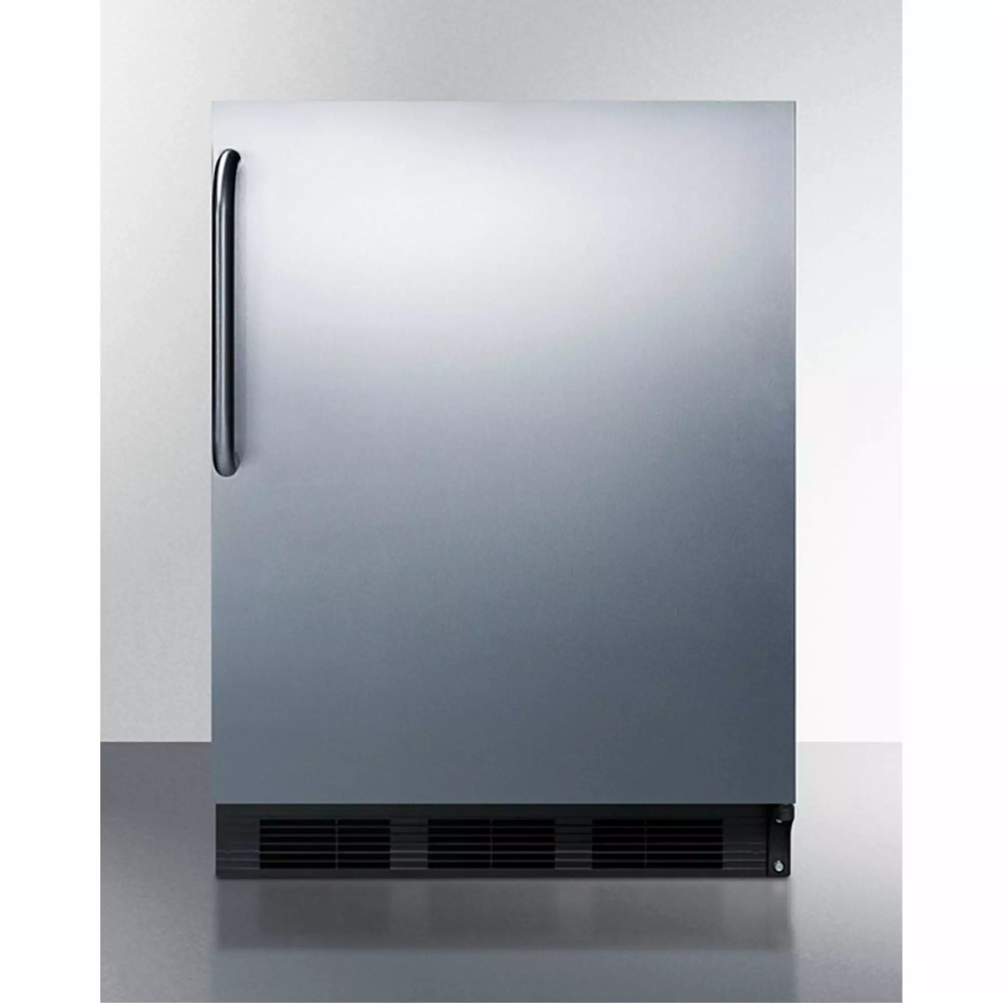 ADA compliant freestanding refrigerator-freezer for residential use. cycle defrost with deluxe interior. SS wrapped door. towel bar handle. and black cabinet