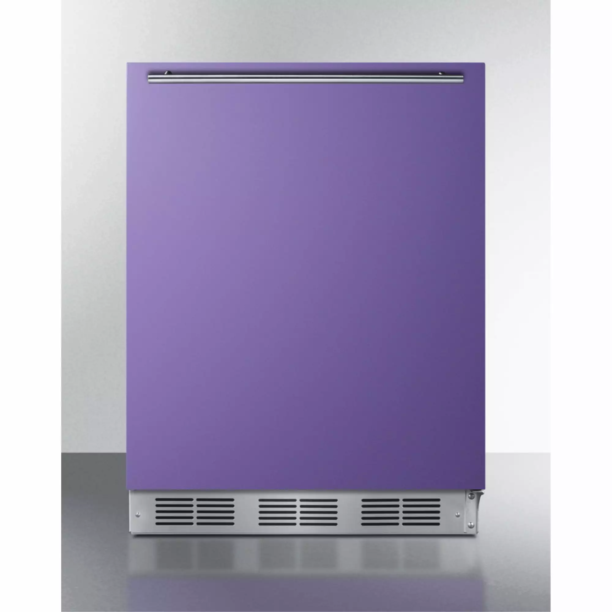 ADA height 24 all-refrigerator for residential use with lavender purple door. stainless steel handle. and black cabinet