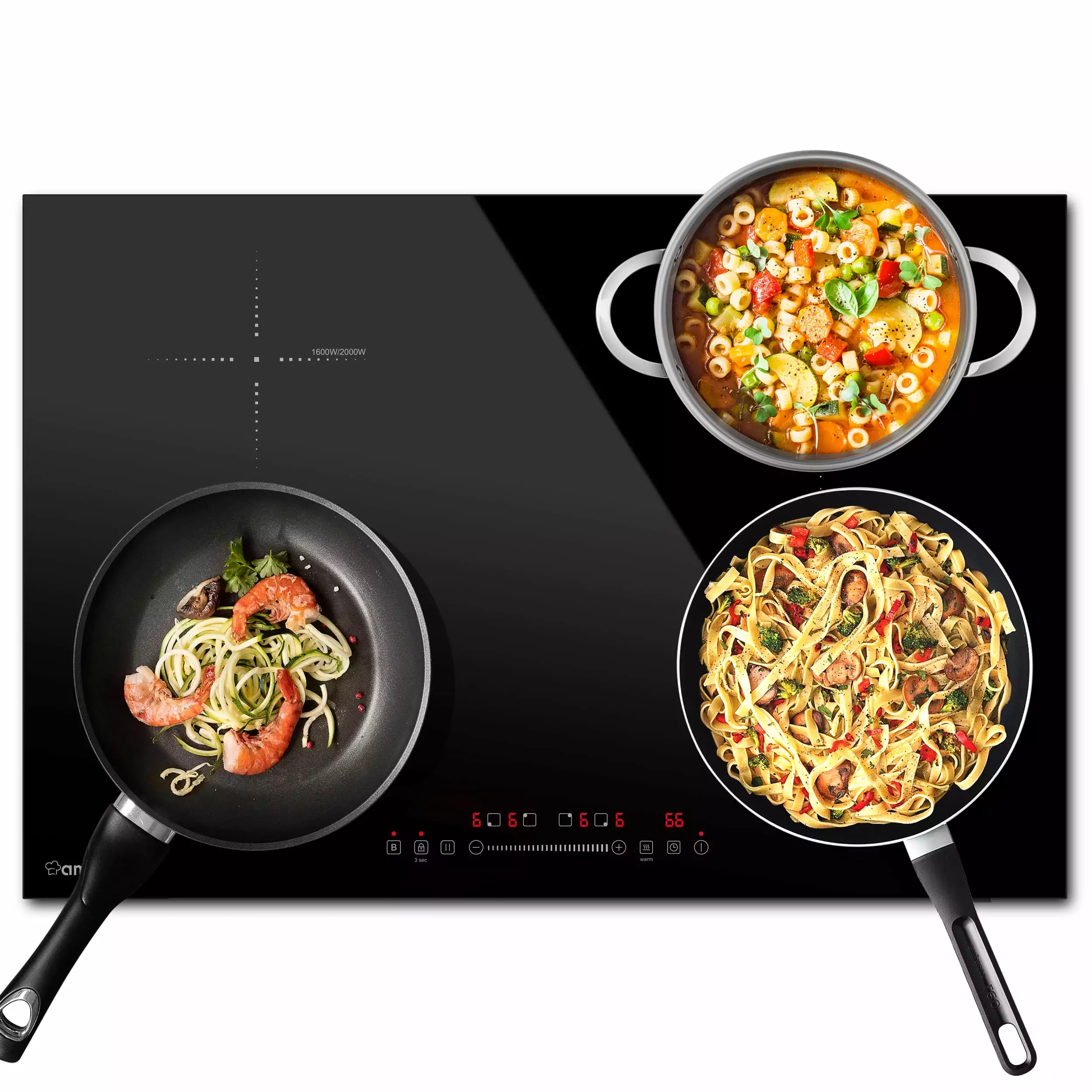 AMZCHEF Induction Cooktop. 4 Burner Electric Cooktop 24 Inch. Built-in Induction Cooker with Glass Protection Metal Frame. Child Lock. Timer. Pause. 7200W