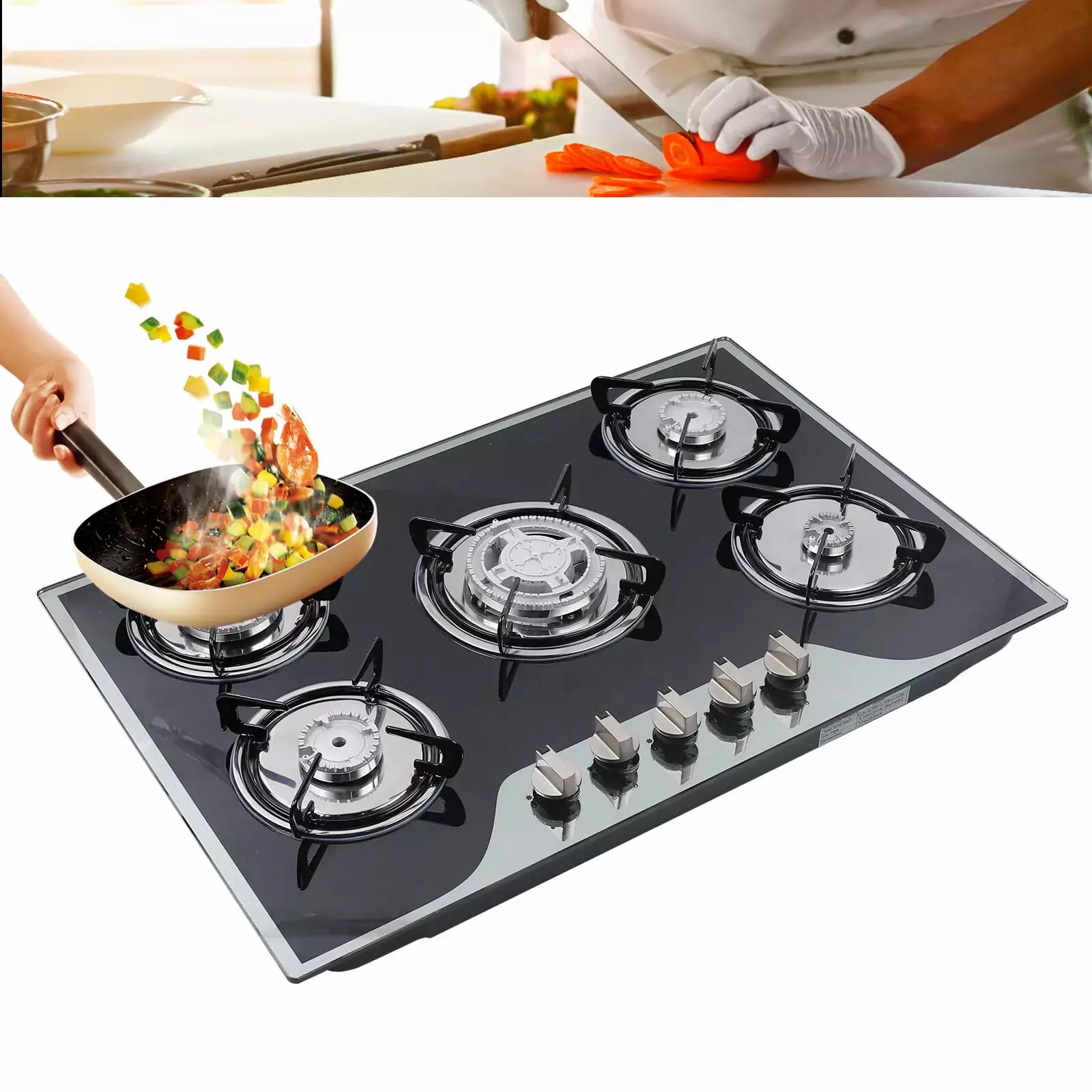 ANQIDI 30.3 Gas Cooktop 5 Burners Gas Hobs Built-in Automatic Pulse Ignition Gas Stove LPG/NG Gas Tempered Glass Kitchen Cooker