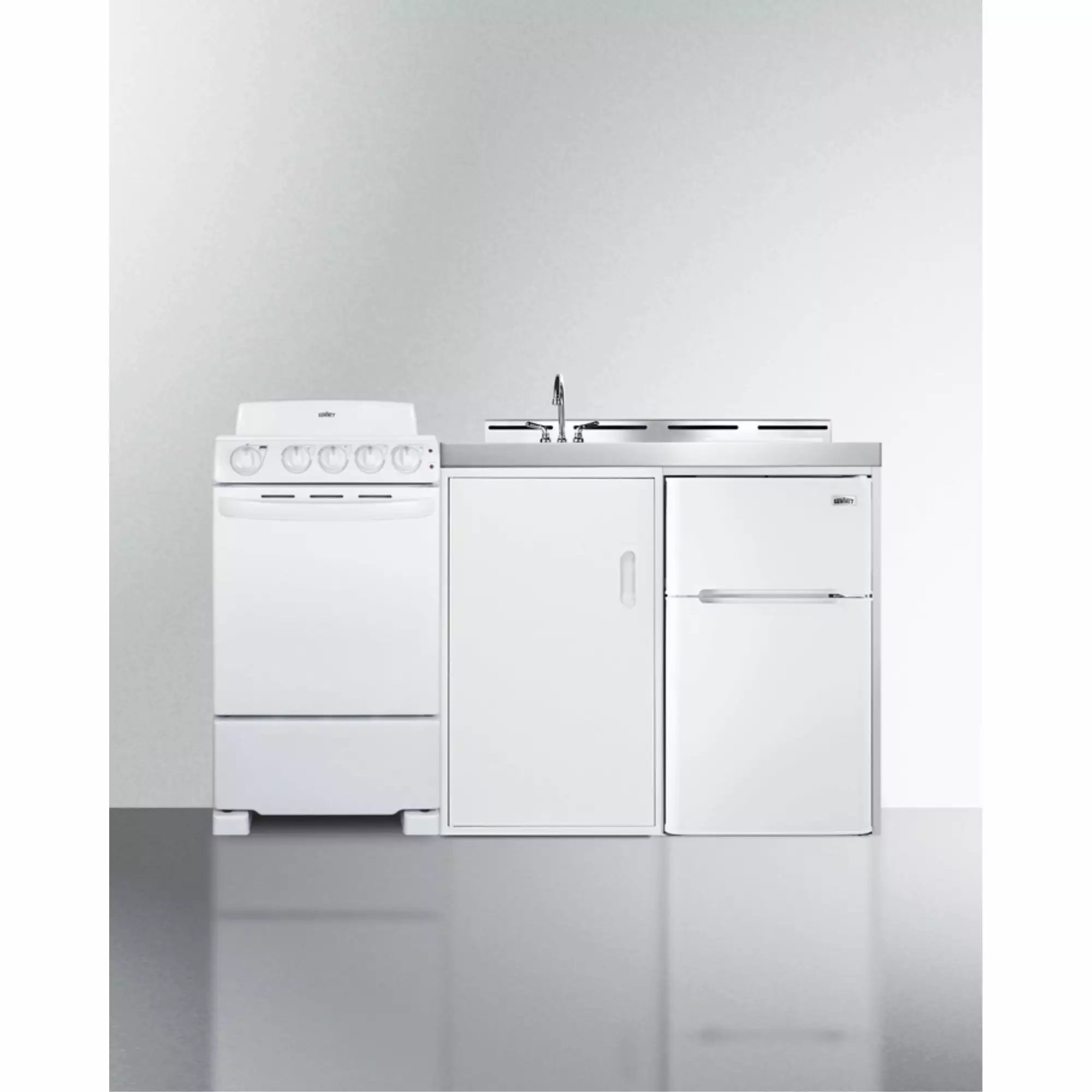 All-in-one combination kitchenette with refrigerator-freezer. sink. storage cabinet. and coil range