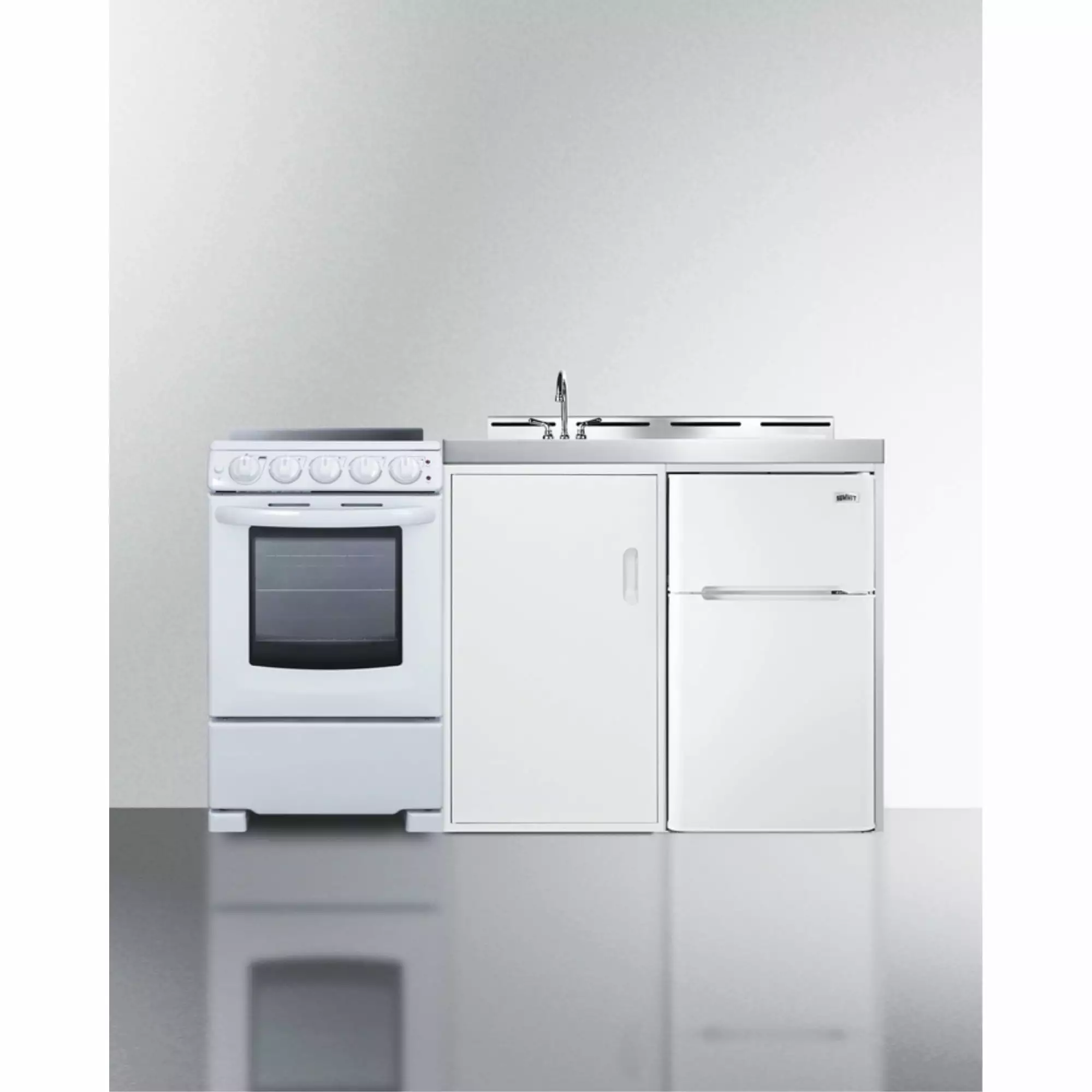 All-in-one combination kitchenette with refrigerator-freezer. sink. storage cabinet. and smooth-top range