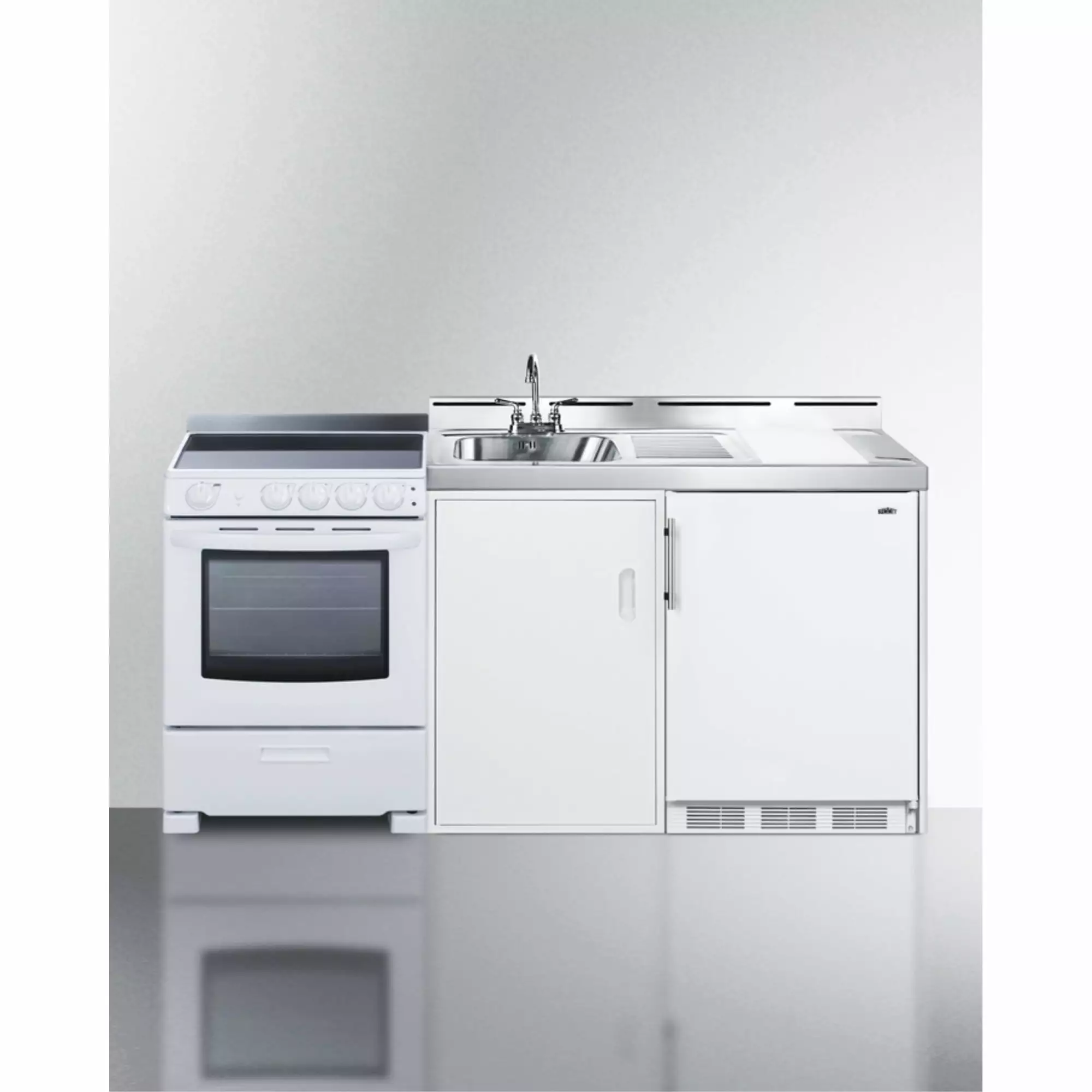 All-in-one combination kitchenette with refrigerator-freezer. sink. storage cabinet. and smooth-top range