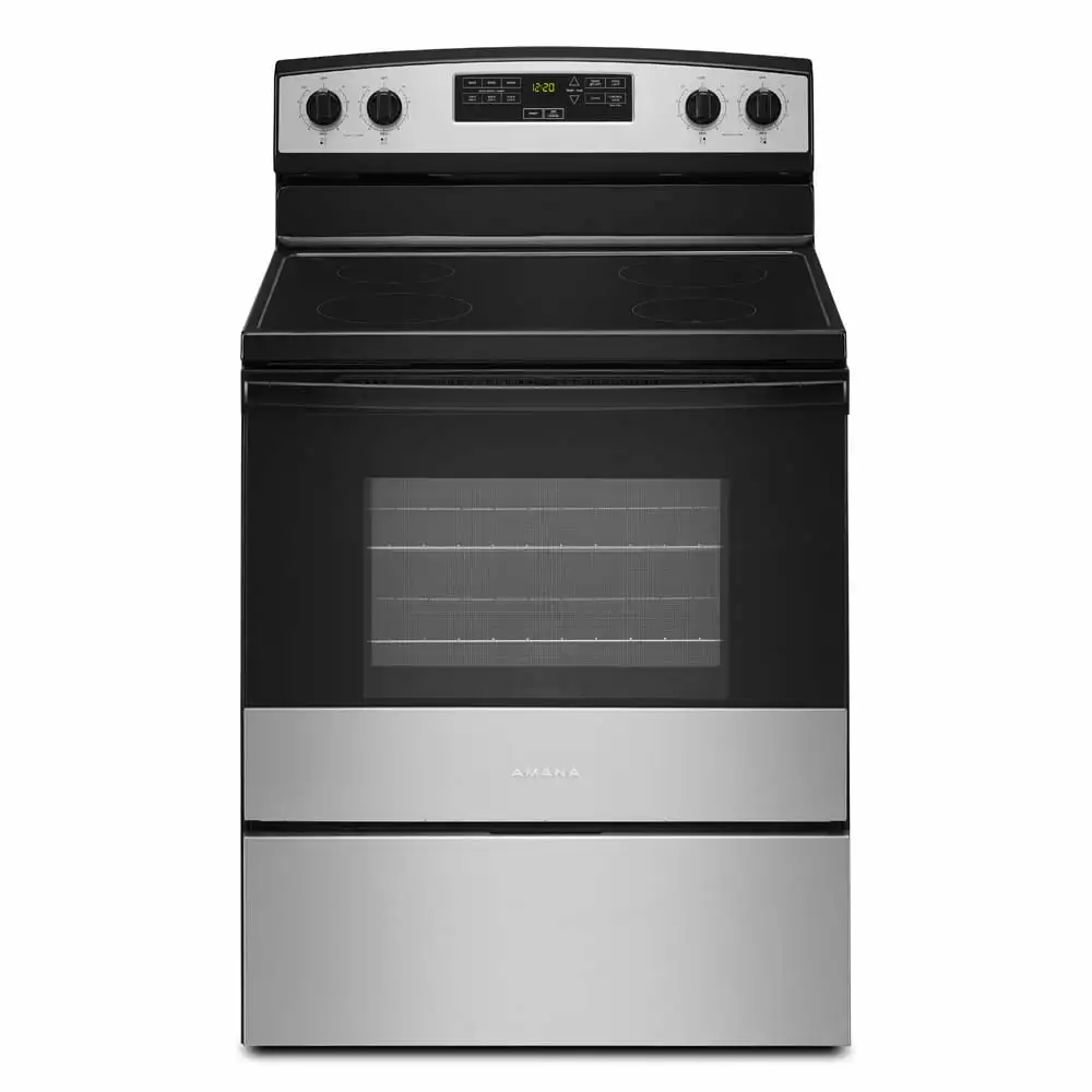 Amana? Brand New Model - AER6303MMS 30-inch Electric Range with Extra-Large Oven Window. Warm Hold and Contemporary Design. - Depth: 27.5 - Height: 46.08 - Width: 30