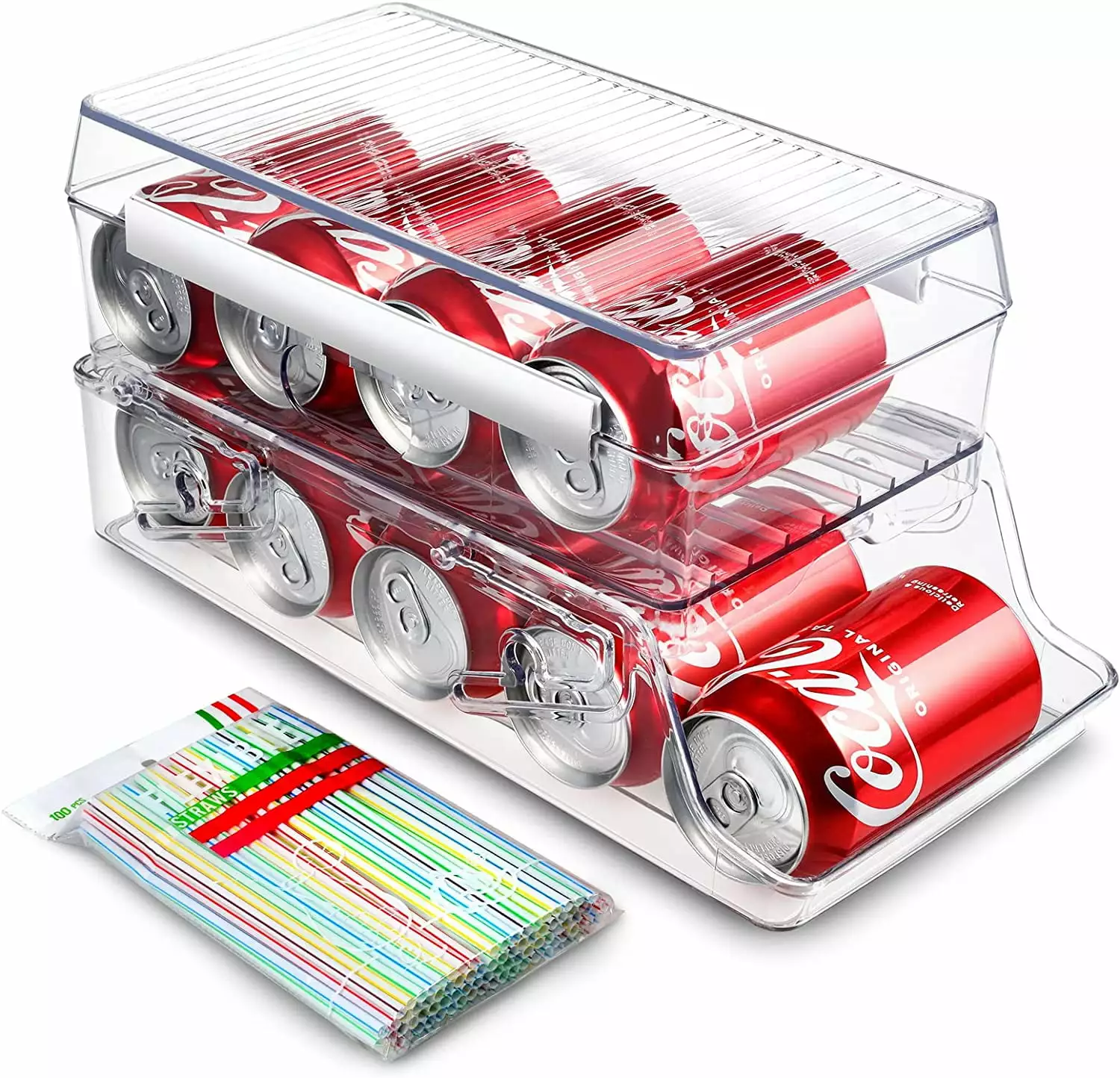 Anpro Soda Can Organizer. 2-layer Stackable Beverage Dispenser with Lid. Automatic Rolling Beer Soda Can Holder for Refrigerator. Pantry. Freezer