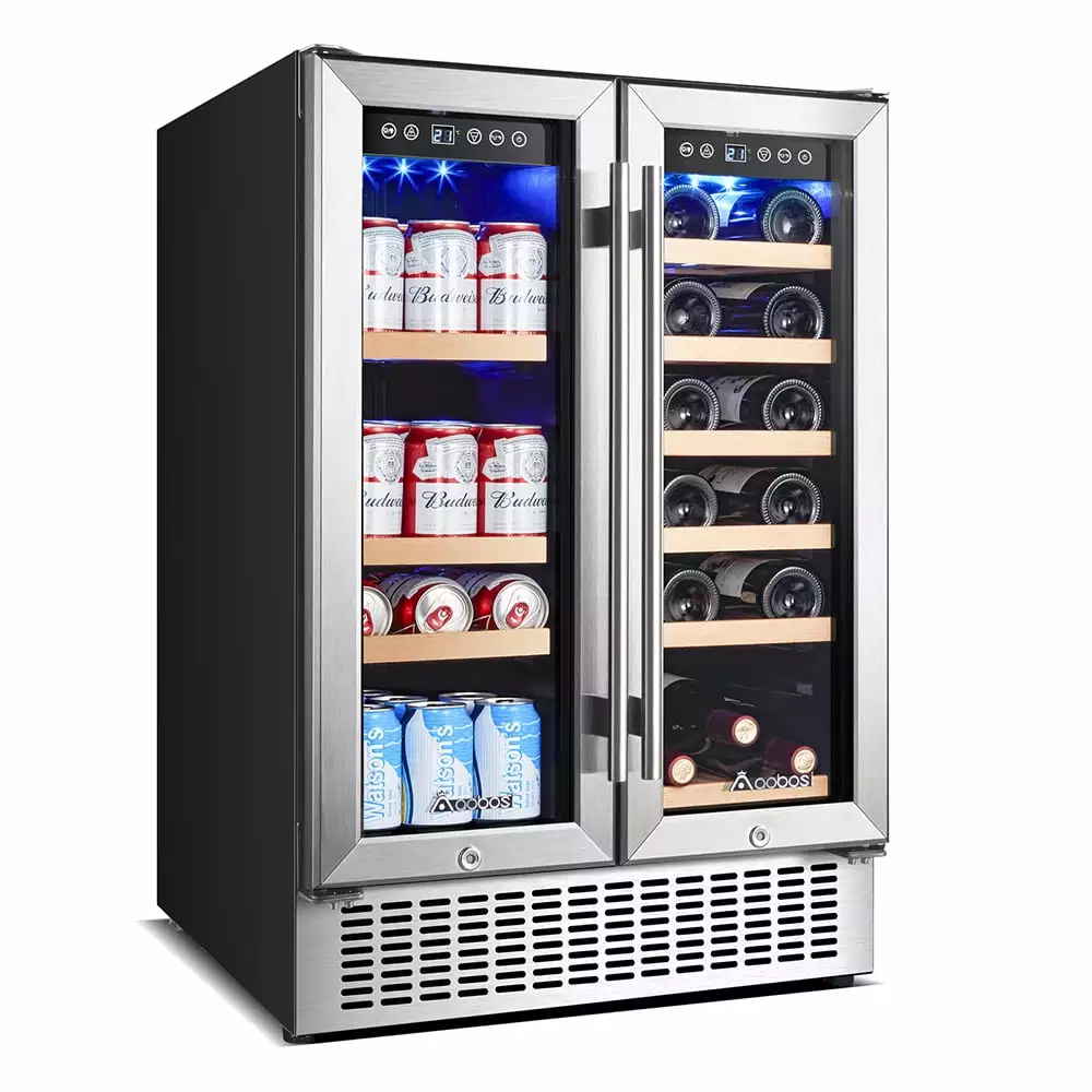 Aobosi 18-Bottle & 57-Can Dual Zone 2-in-1 Wine Cooler Beverage Refrigerator.24-inch Built-in & Freestanding with Low Noise Operation