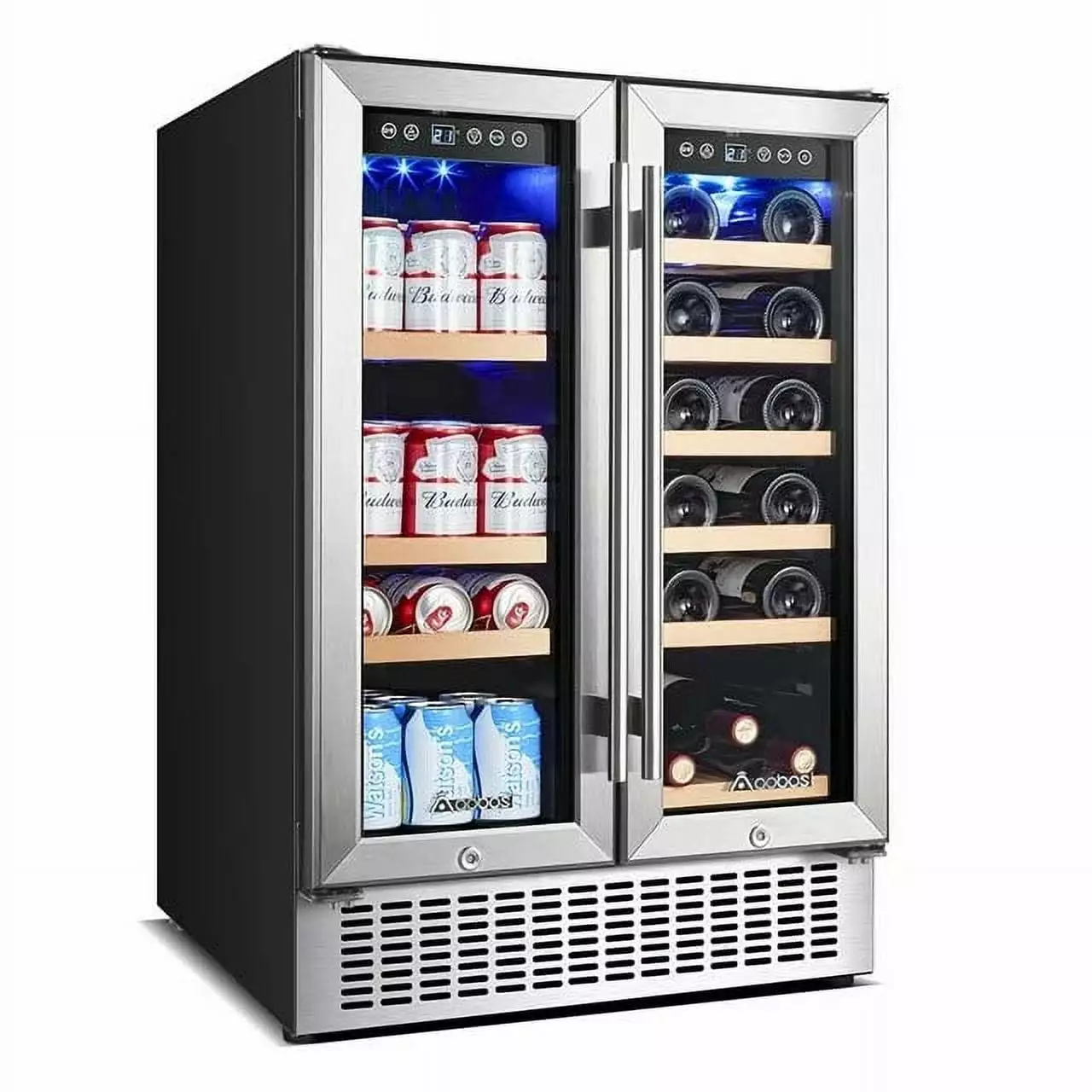 Aobosi 24in Wine and Beverage Refrigerator 2-in-1 for 18 Bottles & 57 Cans with Temperature Adjustment for Built-in & Freestanding. Dual Zone Wine Cooler Fridge