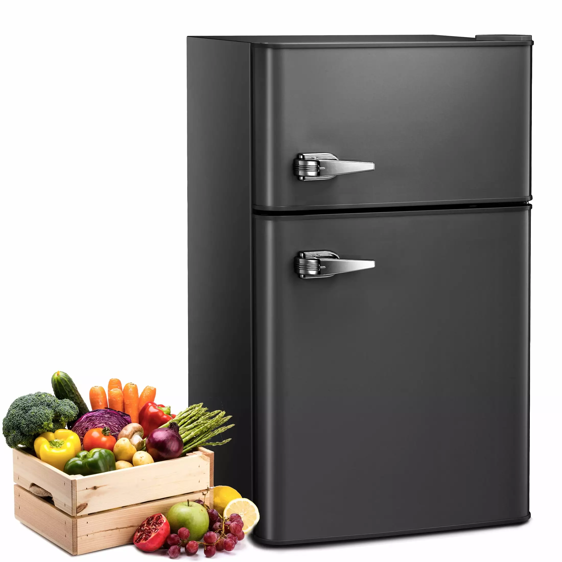 Auseo 3.2 Cu.Ft Double Door Mini Fridge with Freezer. Compact Retro Refrigerator for Dorm. Office. Bar. RV. Bedroom. Black