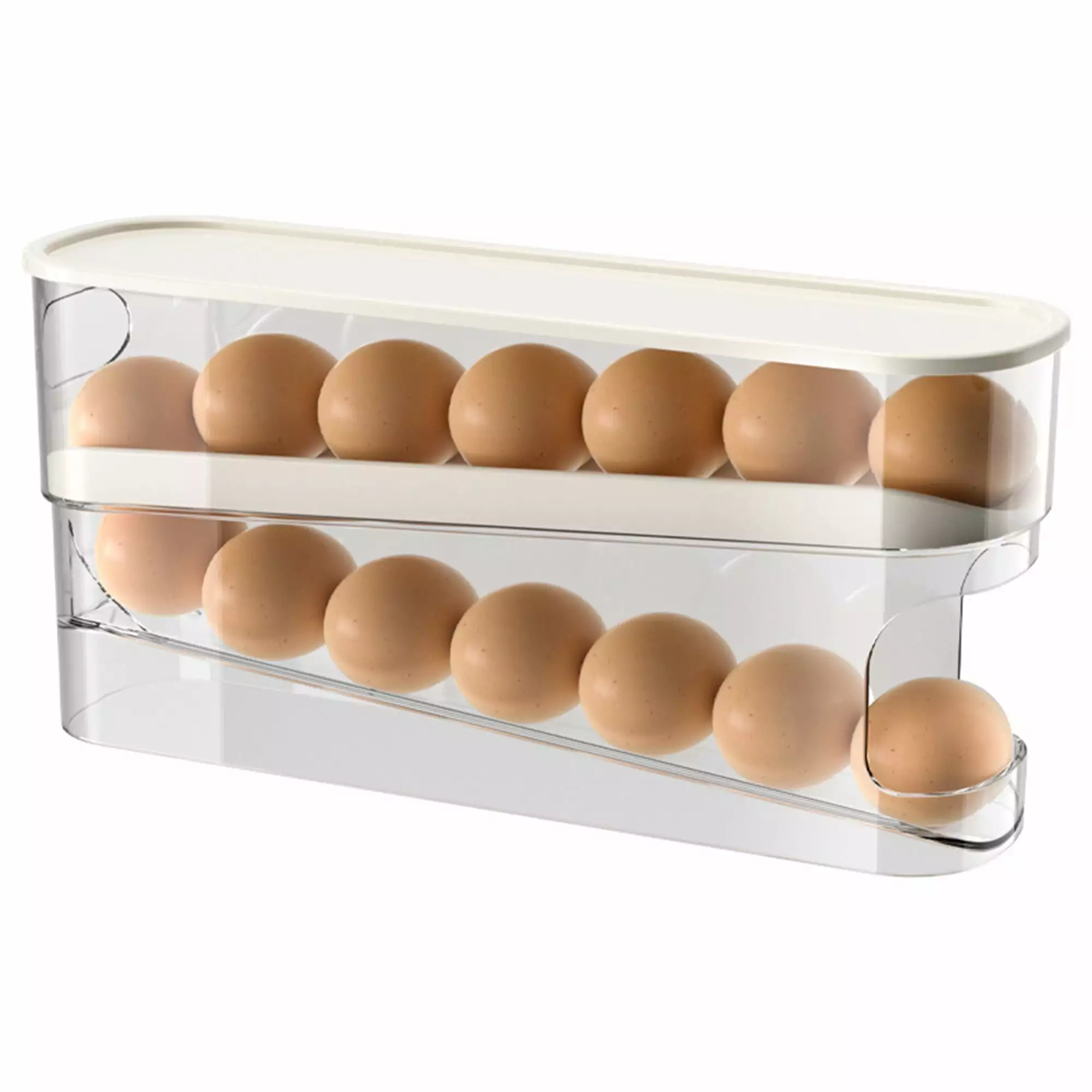 Auto Rolling Egg Dispenser for Refrigerator Egg Trays Eggs Holder with Cover Space-Saving Rolling Eggs Dispenser for Refrigerator Egg Organizer Storage Sturdy. Clear PTE Material. Holds 12 Large Eggs