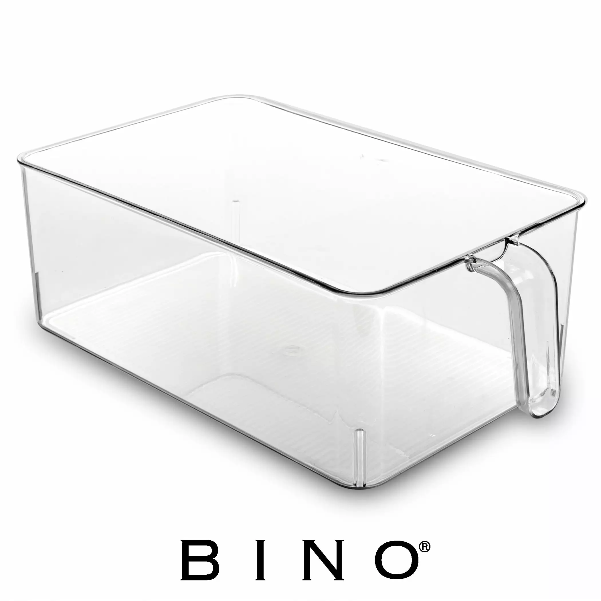 BINO Refrigerator. Freezer and Pantry Cabinet Storage Organizer Bin with Built-In Handle. Clear and Transparent Plastic Nesting Container for Home and Kitchen . Large