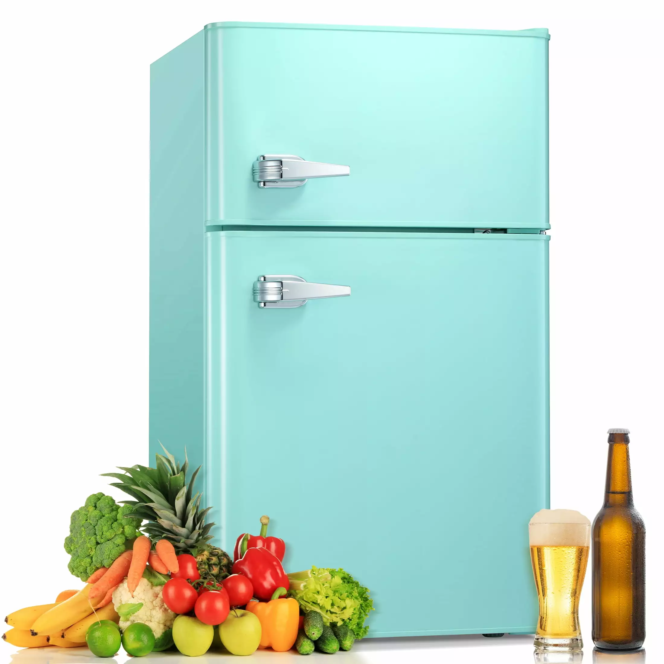 Besttey 3.1 Cu.ft Mini Fridge with Freezer Two Door. Stainless Steel. Compact Size & Low Noise Defrost for Home Office Dormitory. Green