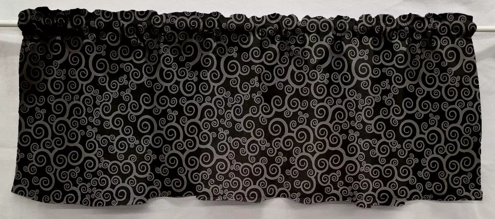 Black & Gray Scroll Damask Valances by Penny's Needful Things (Two Valance Panels 12 inches Long UNLINED)