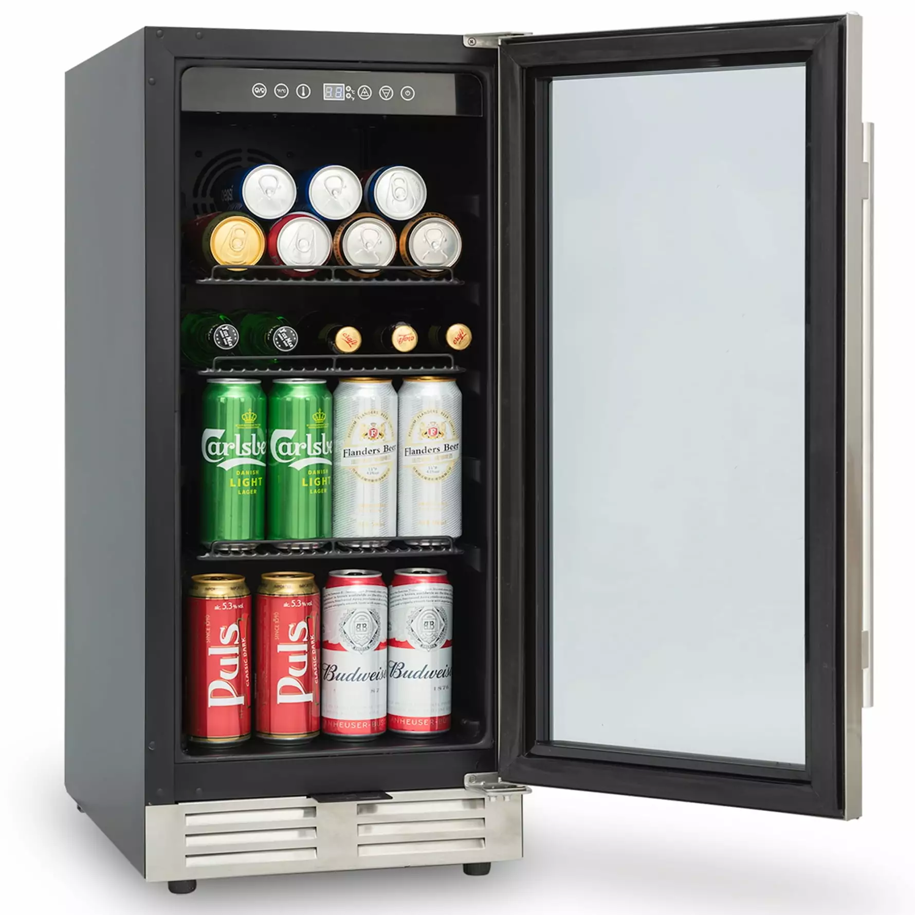 Built-in 15 Mini Beverage Refrigerator. Wine Cabinet with 3 Adjustable Shelves & Touch Controls & LED Lighting. 120 Cans/34-65??F/Quiet/3.6 Cu.ft. Obtained ETL & DOE Approval. Double Glass Door