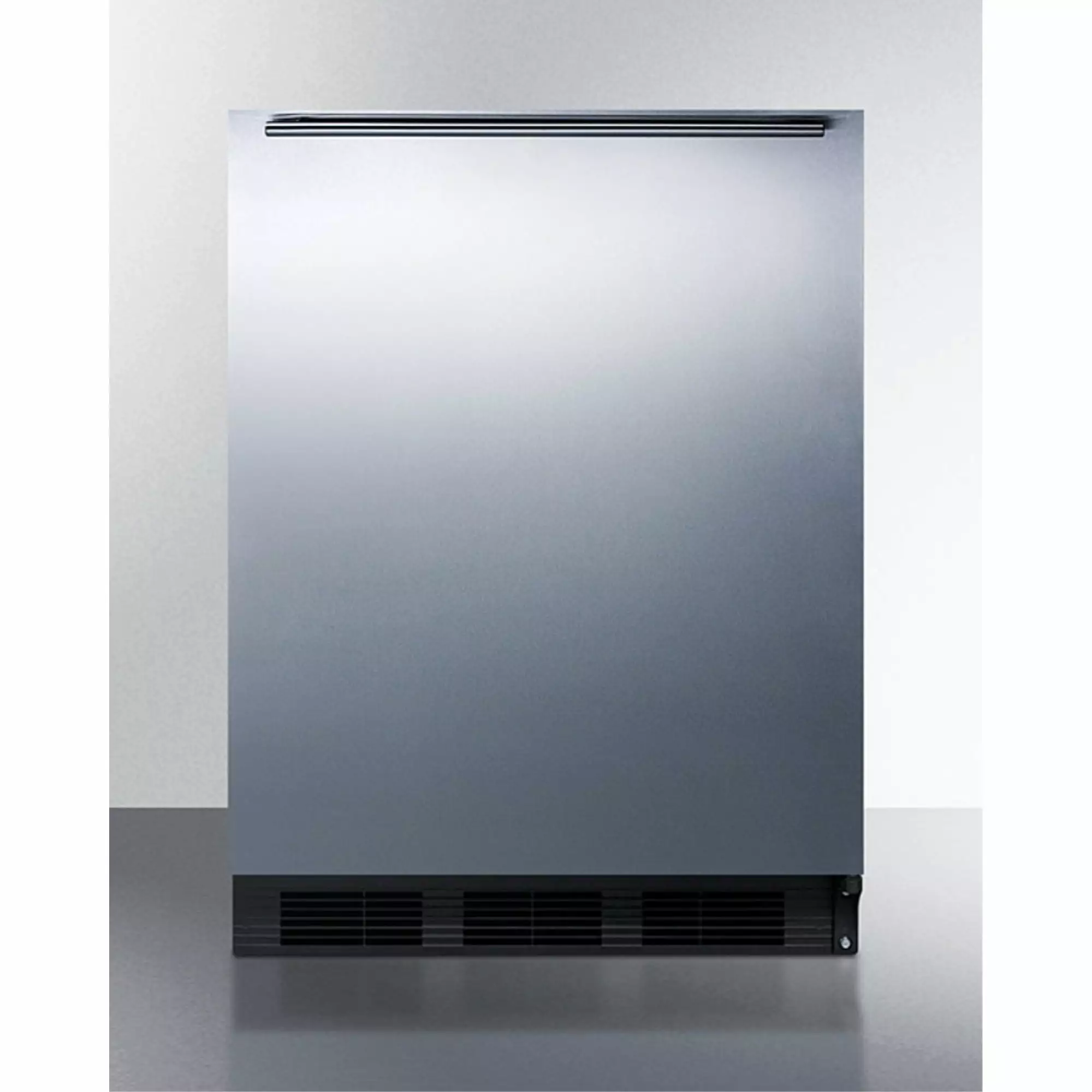 Built-in undercounter refrigerator-freezer for residential use. cycle defrost with a stainless steel wrapped door. horizontal handle. and black cabinet