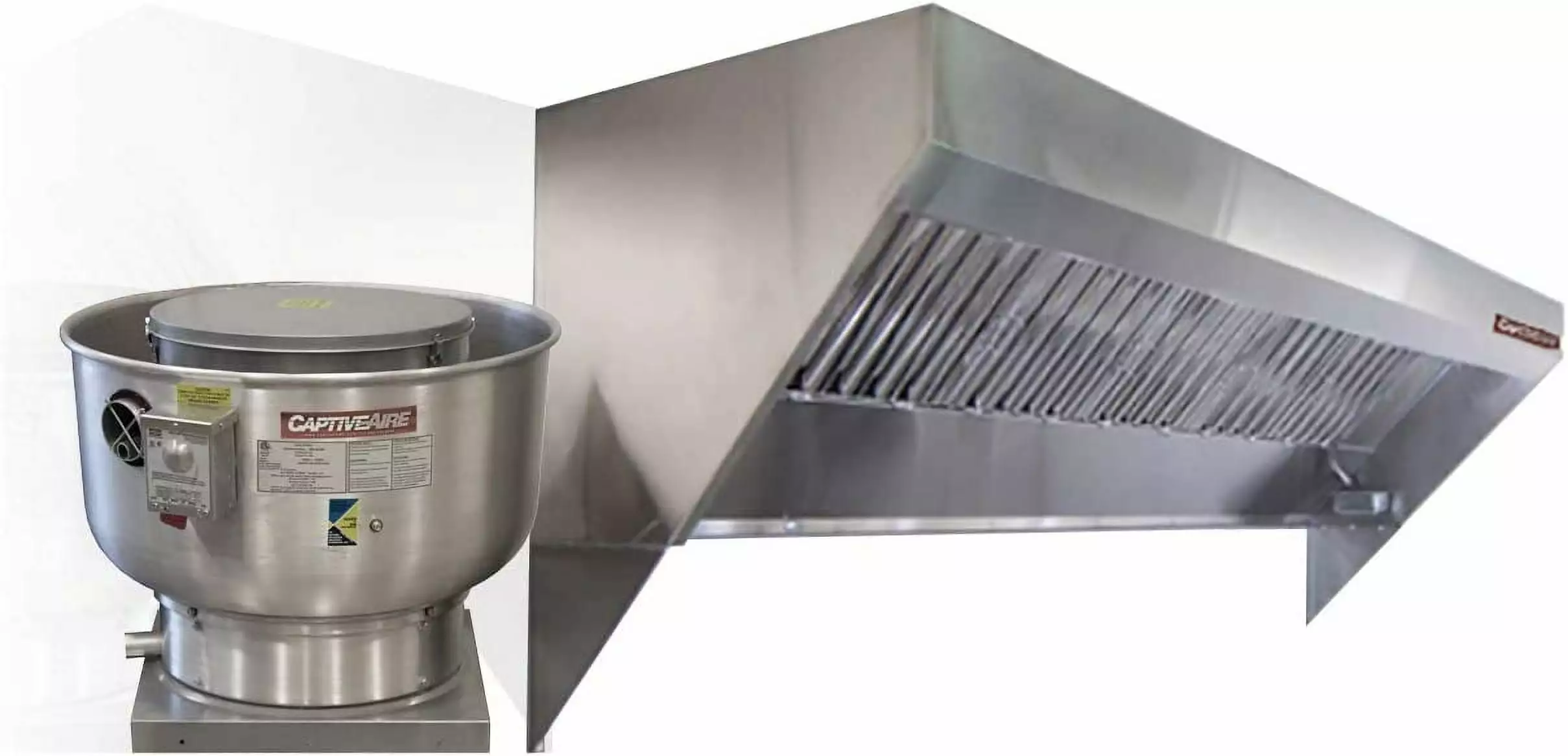 CAPTIVE-AIRE Food Truck Low Profile Exhaust Hood System Includes a stainless steel exhaust hood. an exhaust fan. an adjustable duct section. and installation hardware (4' Long Hood & Fan)