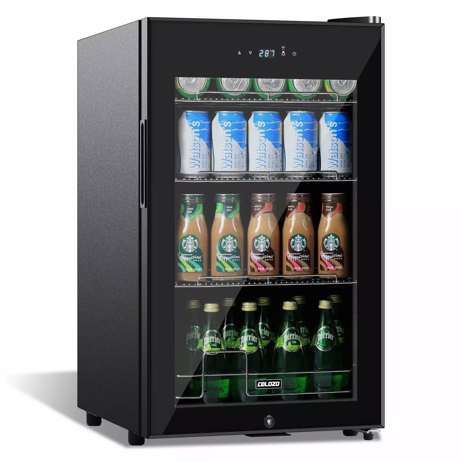 COLOZO Black Beverage Refrigerator Cooler. 96 Cans Freestanding Mini Fridge with Glass Door