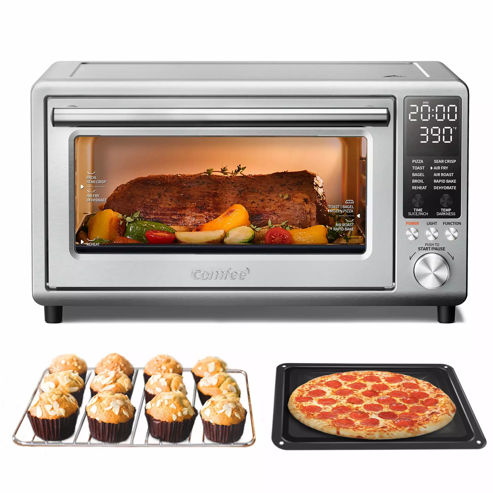 COMFEE' Air Fryer Toaster Oven Combo. FLASHWAVE? Rapid-Heat Technology Countertop Convection Oven with Bake Broil Roast. 6 Slices/12'' Pizza/26.4 QT. 4 Accessories. 1750W