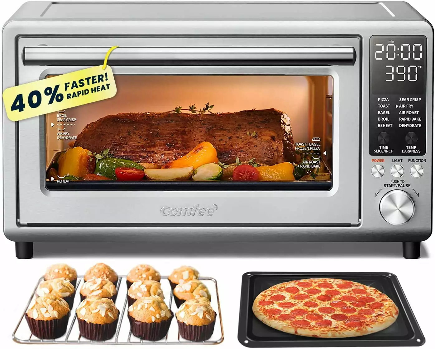 COMFEE' Toaster Oven Air Fryer FLASHWAVE? Ultra-Rapid Heat Technology. Convection Toaster Oven Countertop with Bake Broil Roast. 6 Slices Fits 12'' Pizza 24QT. 4 Accessories 1750W Stainless Steel