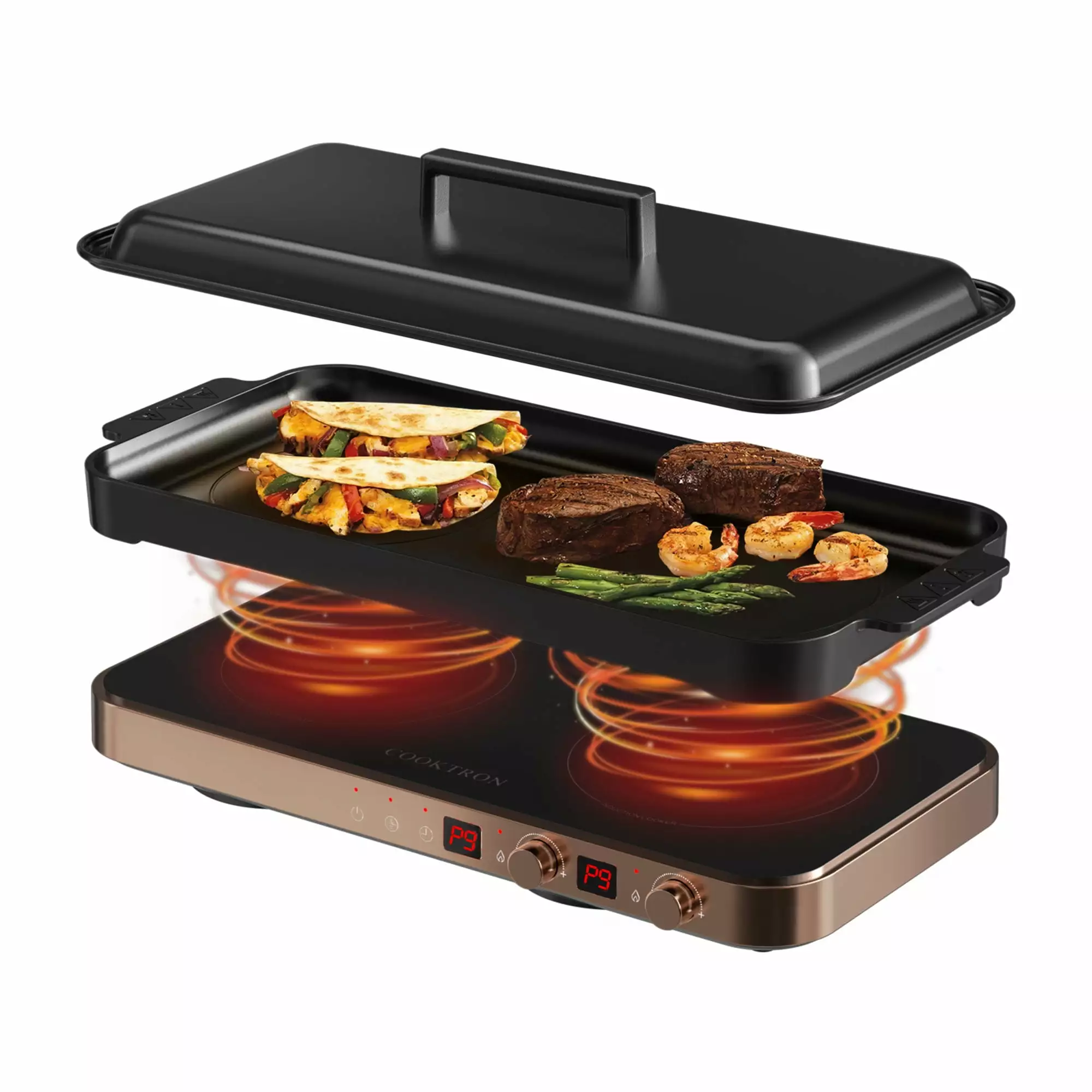 Open Box COOKTRON Portable Cooktop Electric Stove &Cast Iron Griddle. Rose Gold