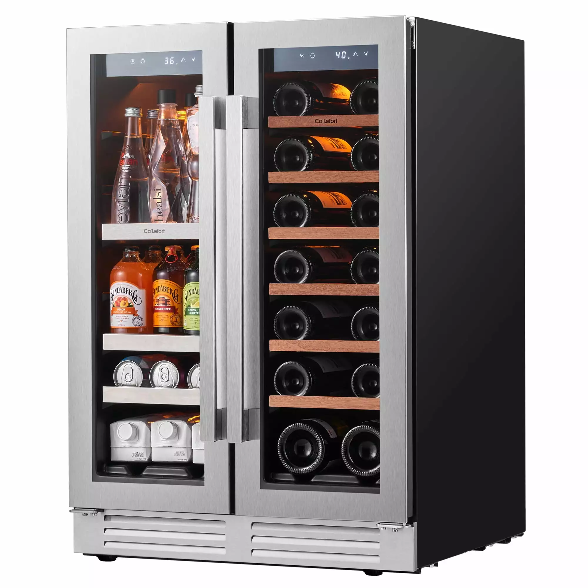 Ca'Lefort 24 Inch Wine and Beverage Refrigerator. Hold 60 Cans and 20 Bottles Dual Zone Wine Beer Fridge Cooler with Stainless Steel French Door for Halloween Gifts