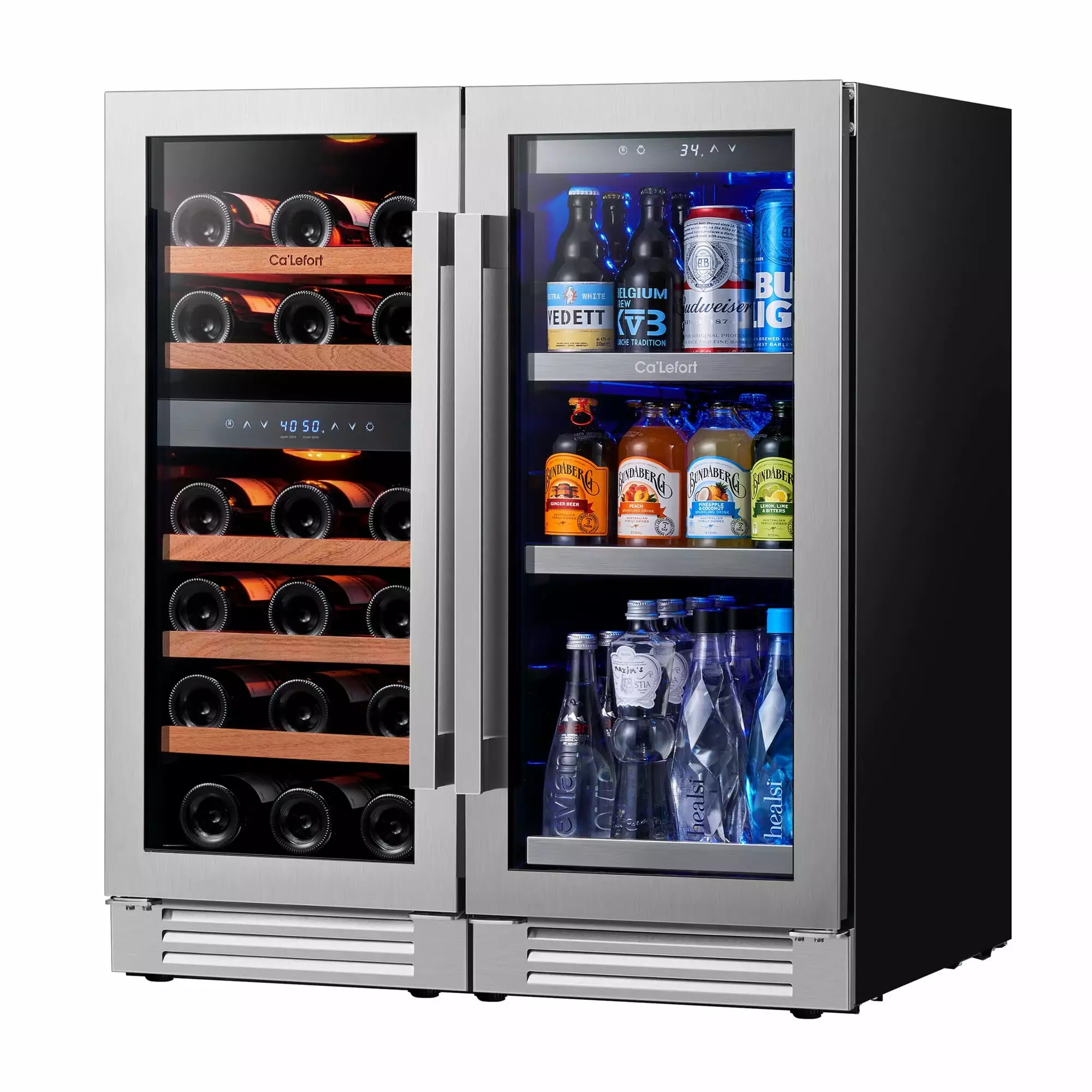 Ca'Lefort 30 Inch Wine Cooler Beverage Refrigerator. Hold 100 Cans and 28 Bottles Dual Zone Wine Fridge Freestanding & Built-in with Stainless Steel frame for Kitchen Office