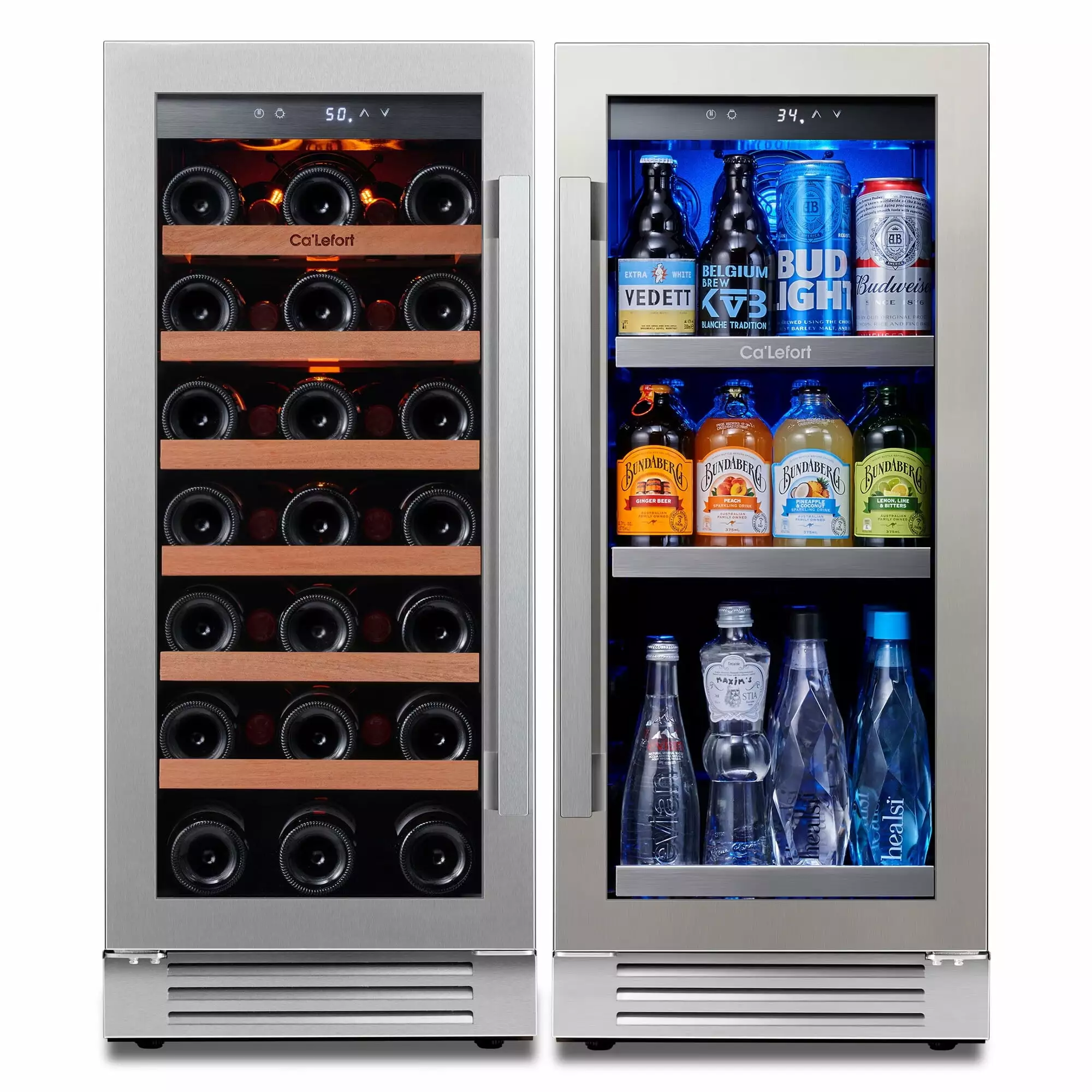 Ca'Lefort 30 Inch Wine Cooler Beverage Refrigerator. Hold 100 Cans and 33 Bottles Dual Zone Wine Fridge Freestanding & Built-in with Stainless Steel frame for Kitchen Office