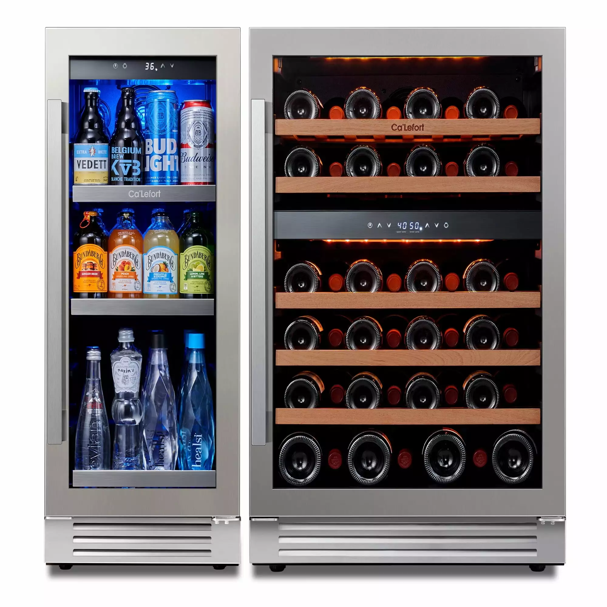 Ca'Lefort Wine Cooler Beverage Refrigerator. Hold 100 Cans and 46 Bottles Dual Zone Wine Fridge Freestanding & Built-in with Stainless Steel frame for Kitchen Office