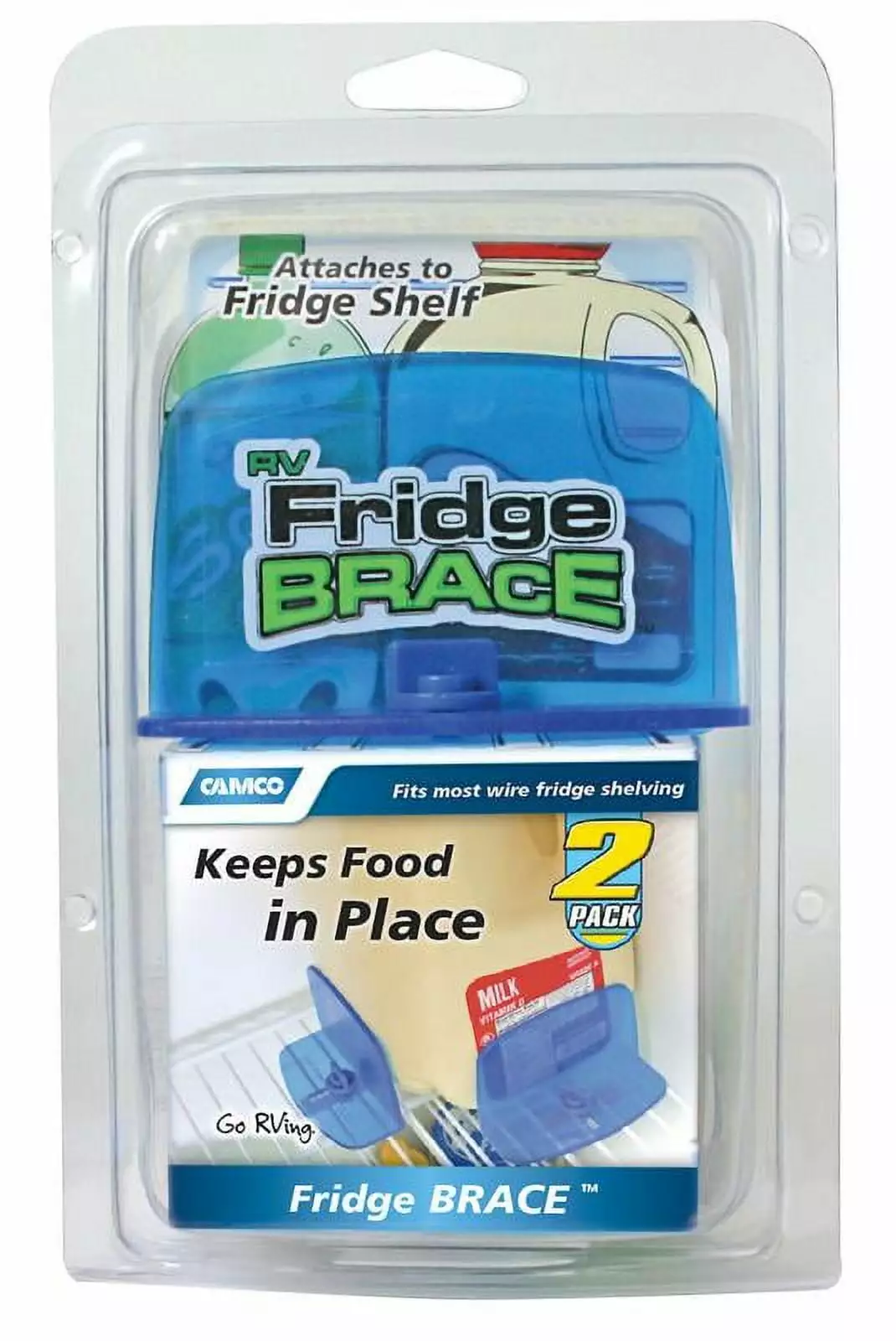 Camco Camper & RV Fridge Braces | Easily Attach to the Refrigerator's Wire Shelves | Pack of 2. Blue (44033)