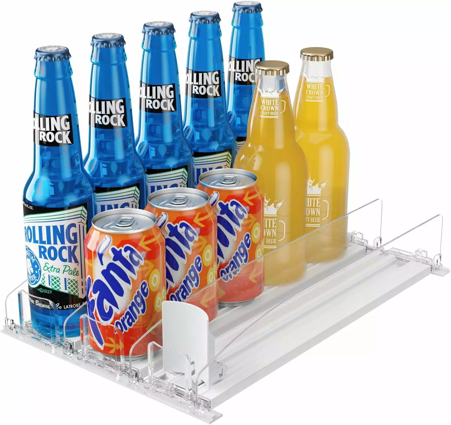 Can Shelf Drinking Pushers for Refrigerators. LAMU Soda Drink Dispenser for Refrigerator with Automatic Pusher Glide. Drink Organizer for Fridge. 3 Rows