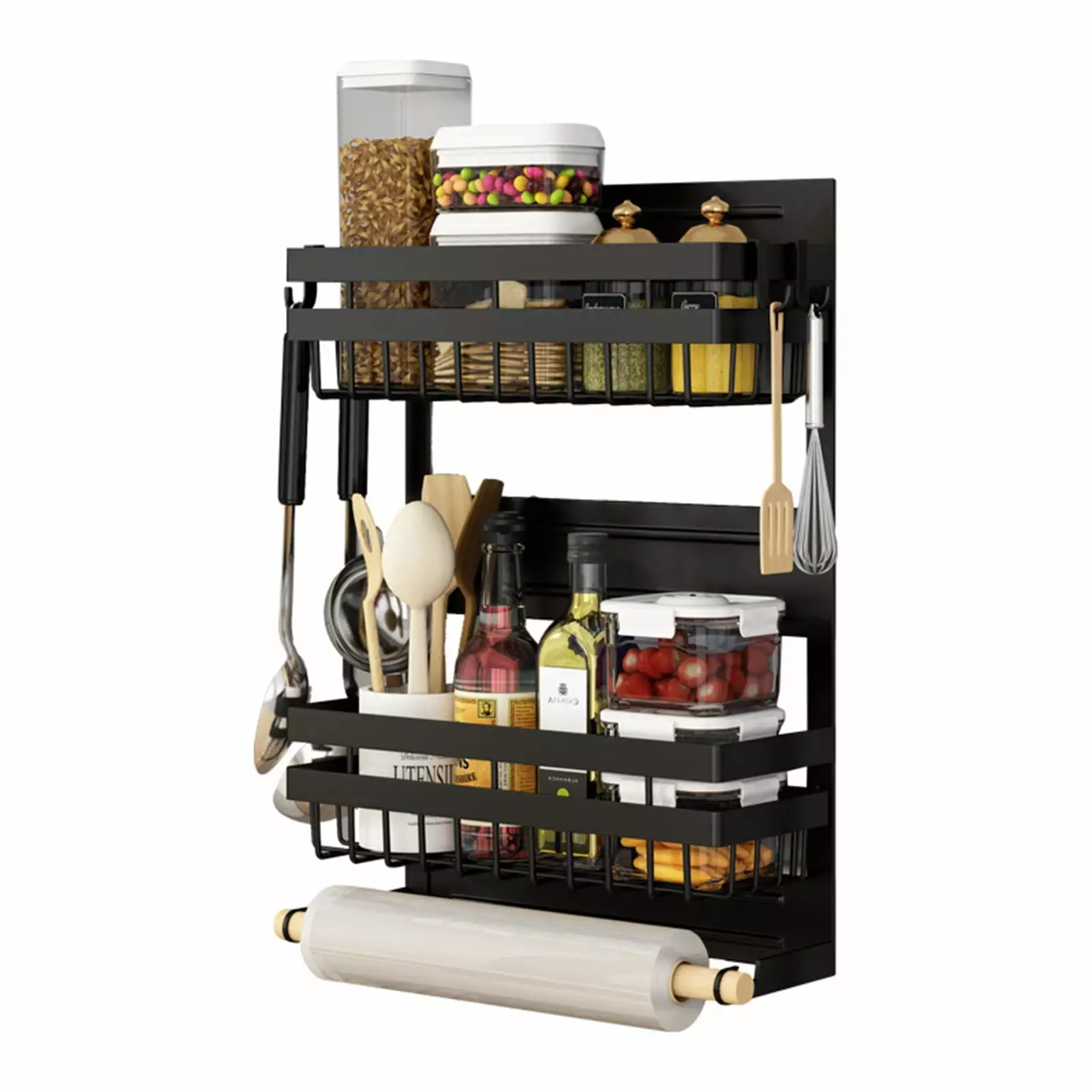 Cathoe Magnetic Fridge Organizer.storge Rack with Paper Towel Holder and Mobile Hooks. Multi-Tier Magnetic Refrigerator Shelf in Kitchen.Black