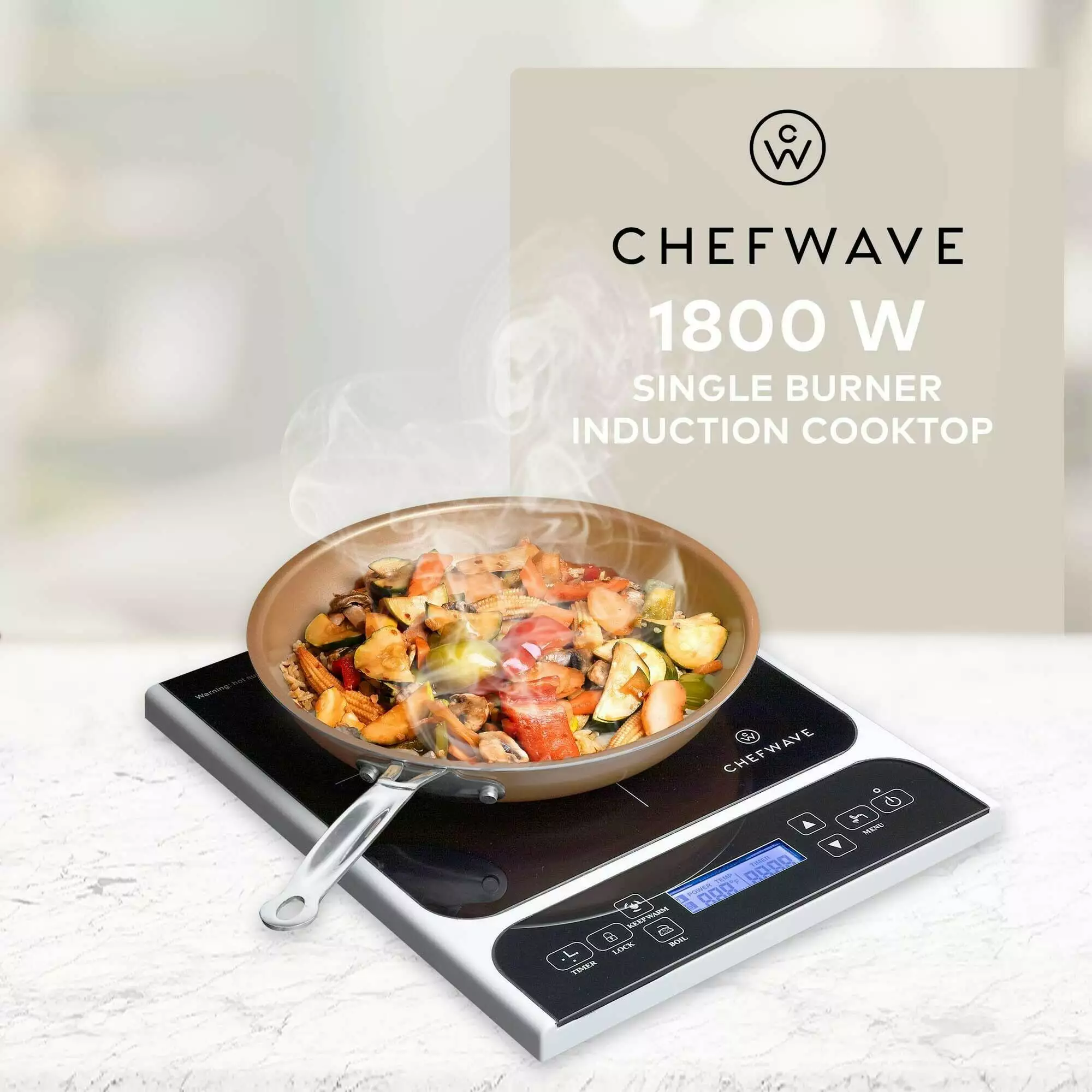 ChefWave LCD 1800W Portable Induction Cooktop w/ Safety Lock. Bonus 10in Fry Pan