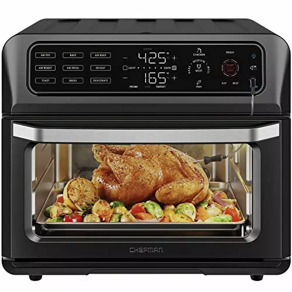 Chefman Air Fryer Toaster Oven Combo with Probe Thermometer. 12-In-1 Stainless Black Convection Oven Countertop. 10 Inch Pizza. 4 Slices of Toast. Cooking. Baking. Toasting. Roaster Oven Airfryer 20QT