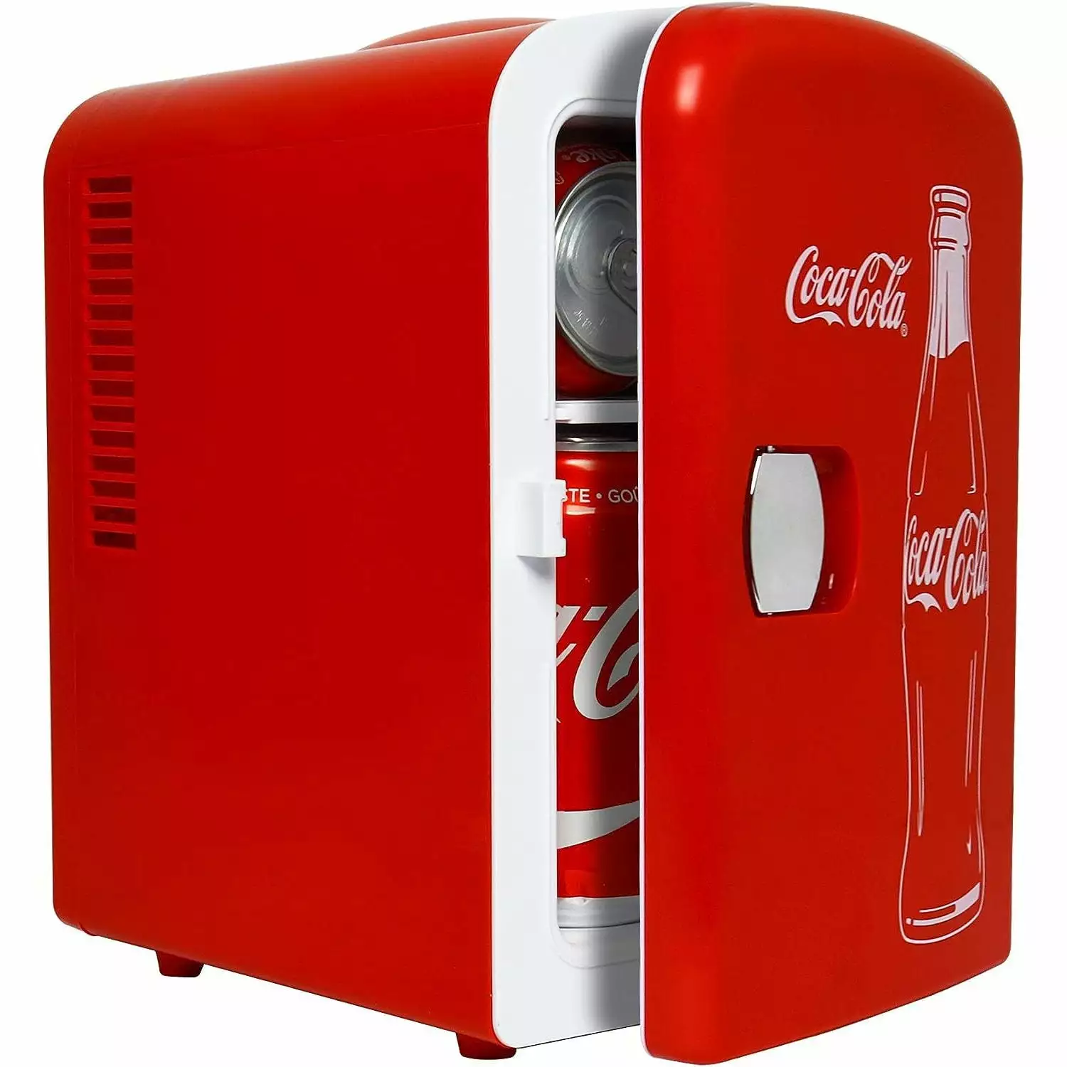 Classic Coke Bottle 4L Mini Fridge w/ 12V DC and 110V AC Cords. 6 Can Portable Cooler. Personal Travel Refrigerator for Snacks Lunch Drinks Cosmetics. Desk Home Office Dorm. Red