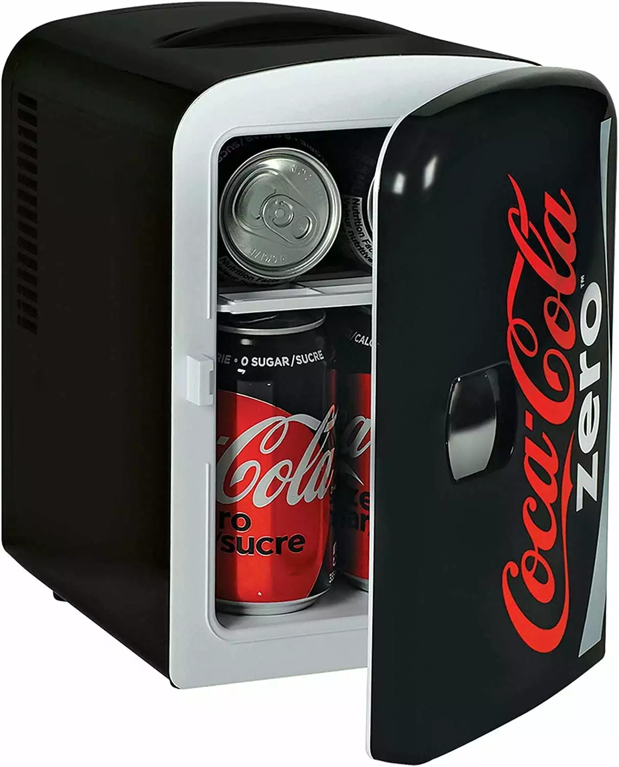 Coca-Cola Coke Zero 4L Portable Cooler/Warmer. Compact Personal Travel Fridge for Snacks Lunch Drinks Cosmetics. Includes 12V and AC Cords. Desk Accessory for Home Office Dorm Travel. Black