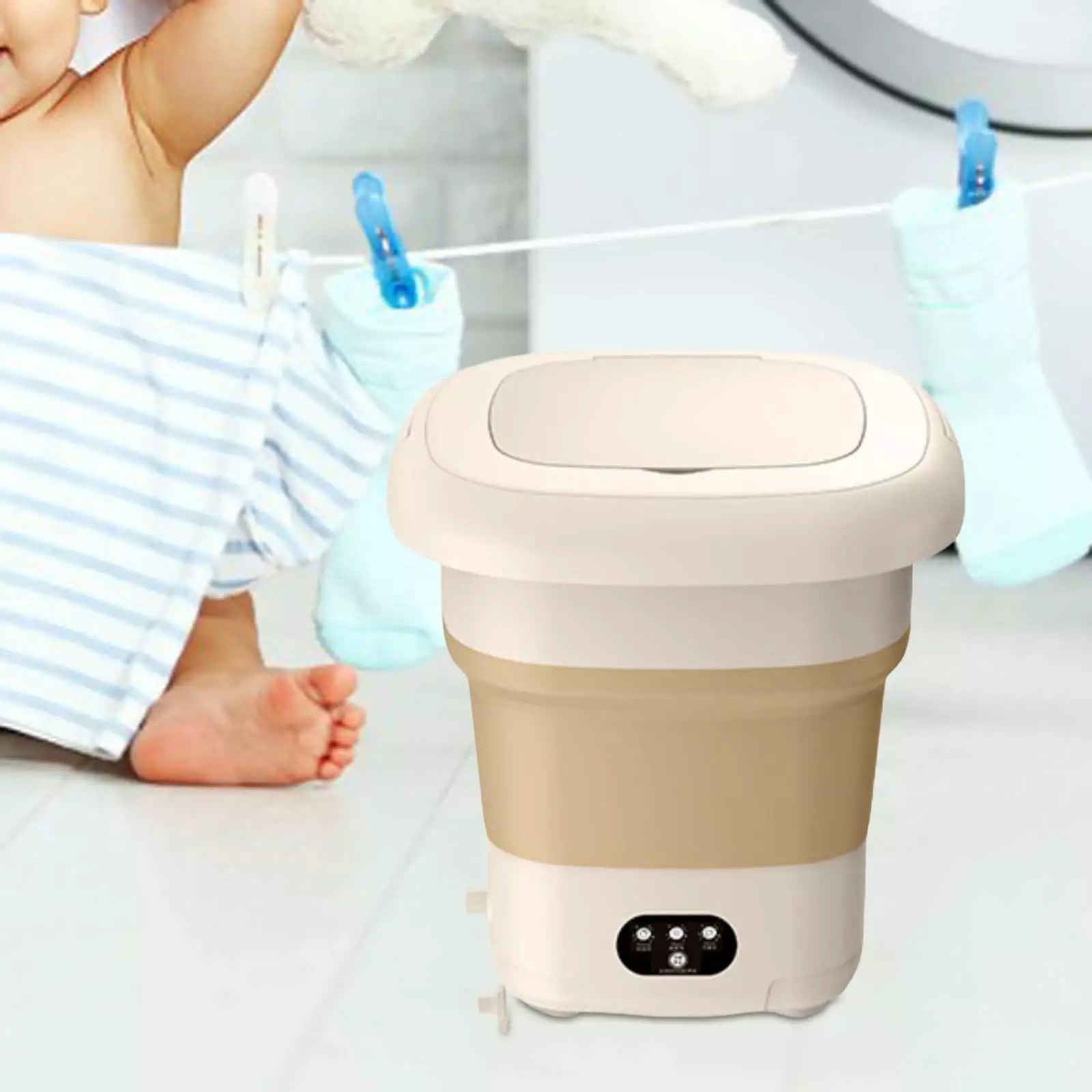 Collapsible Washing Machine 9L Bucket Washer for Laundry Small Items Travel Khaki